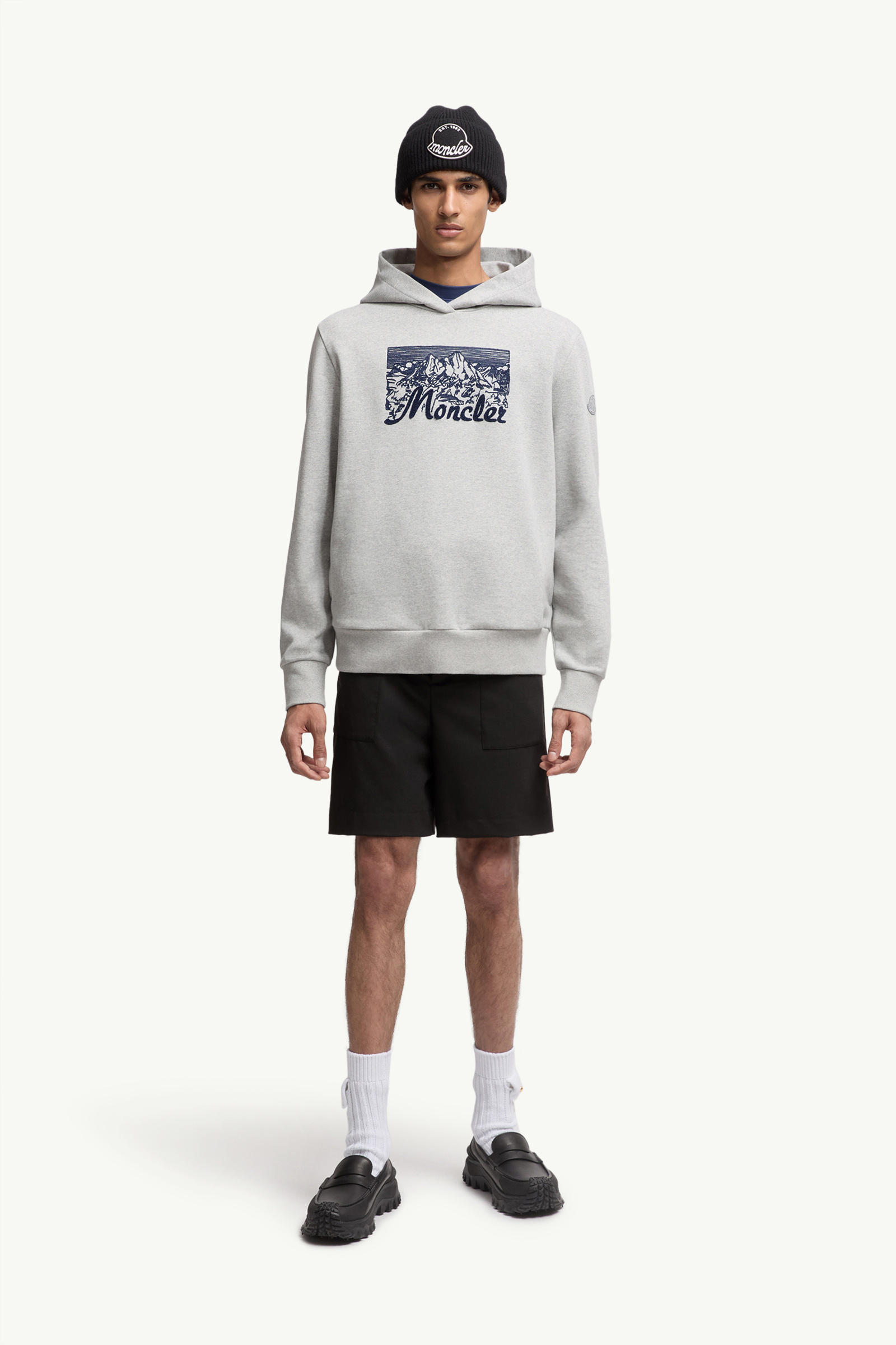 Embroidered Mountain Logo Cotton Hoodie Men Grey Moncler 0