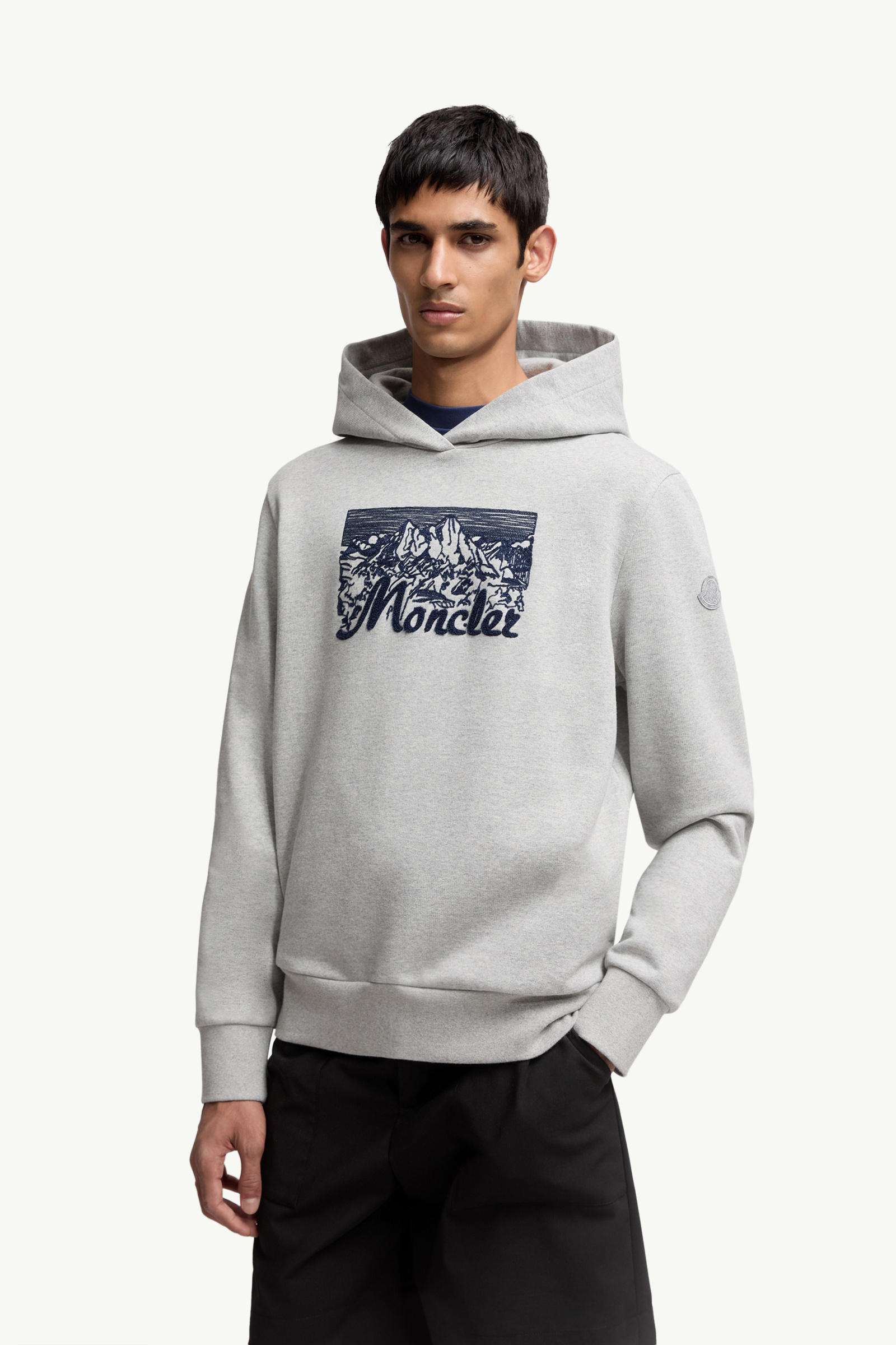 Embroidered Mountain Logo Cotton Hoodie Men Grey Moncler 3