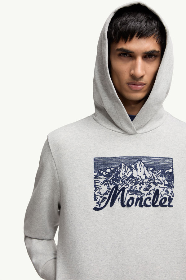 Embroidered Mountain Logo Cotton Hoodie Men Gray Moncler 5