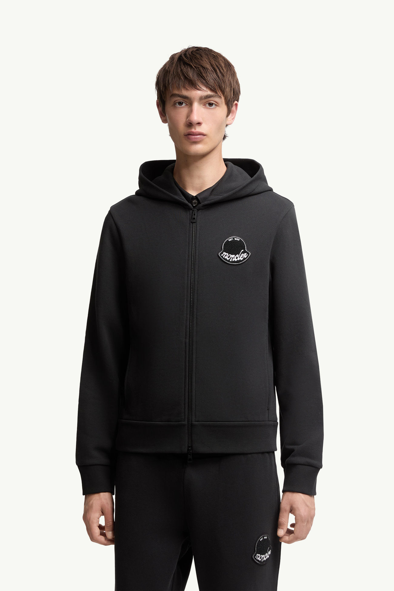 Sudadera de algodón con capucha, cremallera y logotipo Hombre Negro Moncler 3