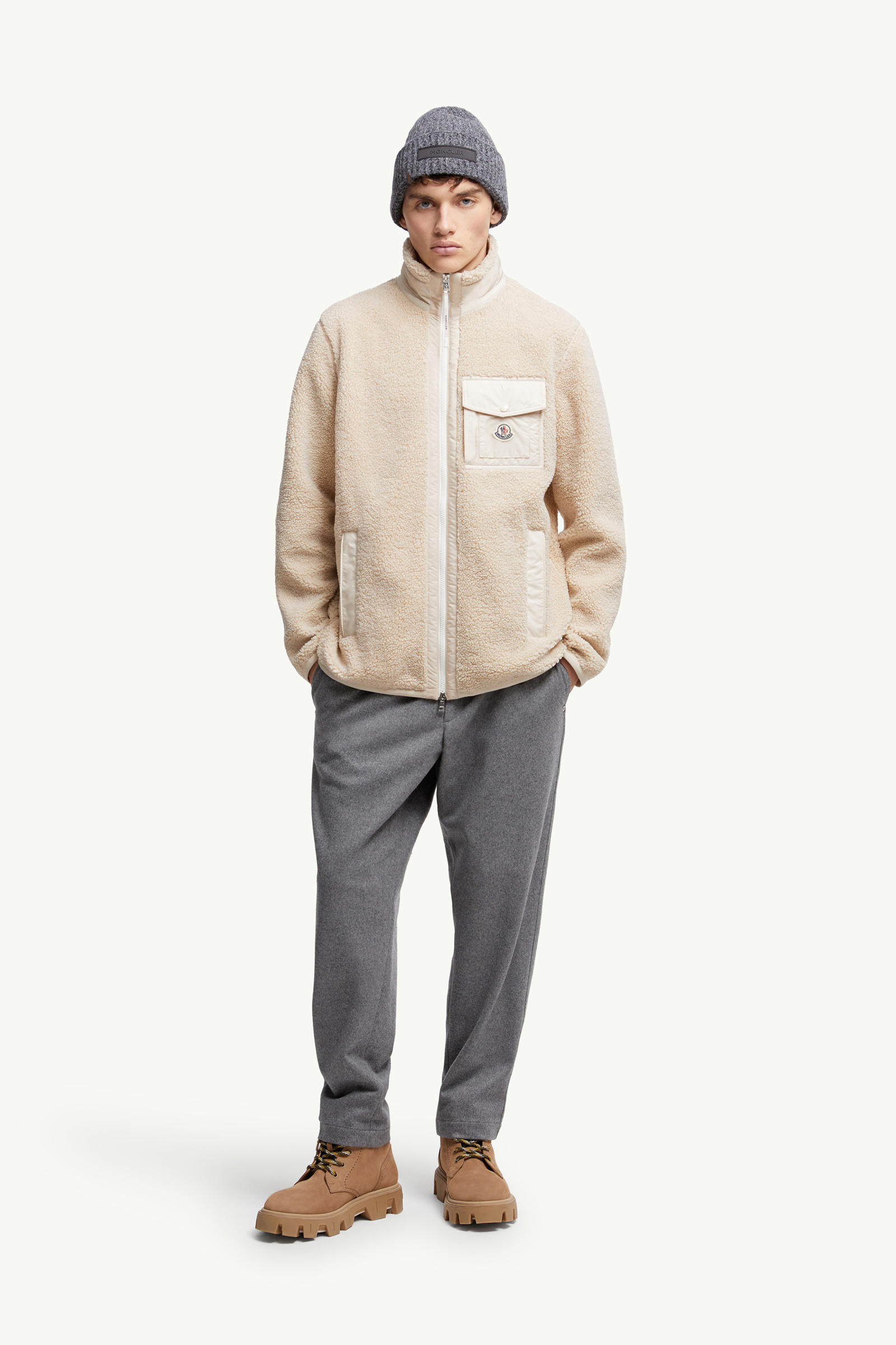 Teddy Zip-Up Sweatshirt with Pocket Men Light Beige Moncler 0