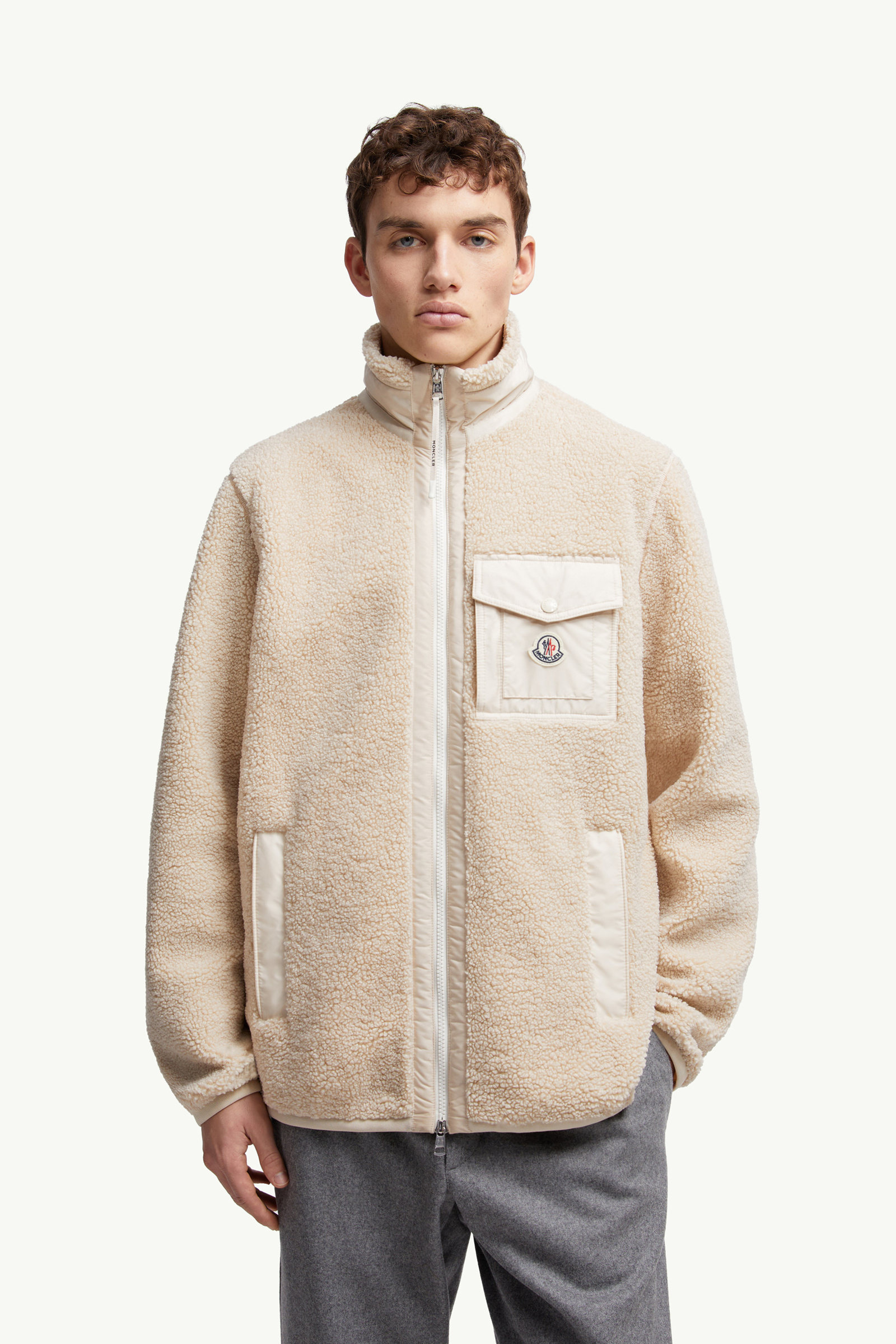 Teddy Zip-Up Sweatshirt with Pocket Men Light Beige Moncler 3