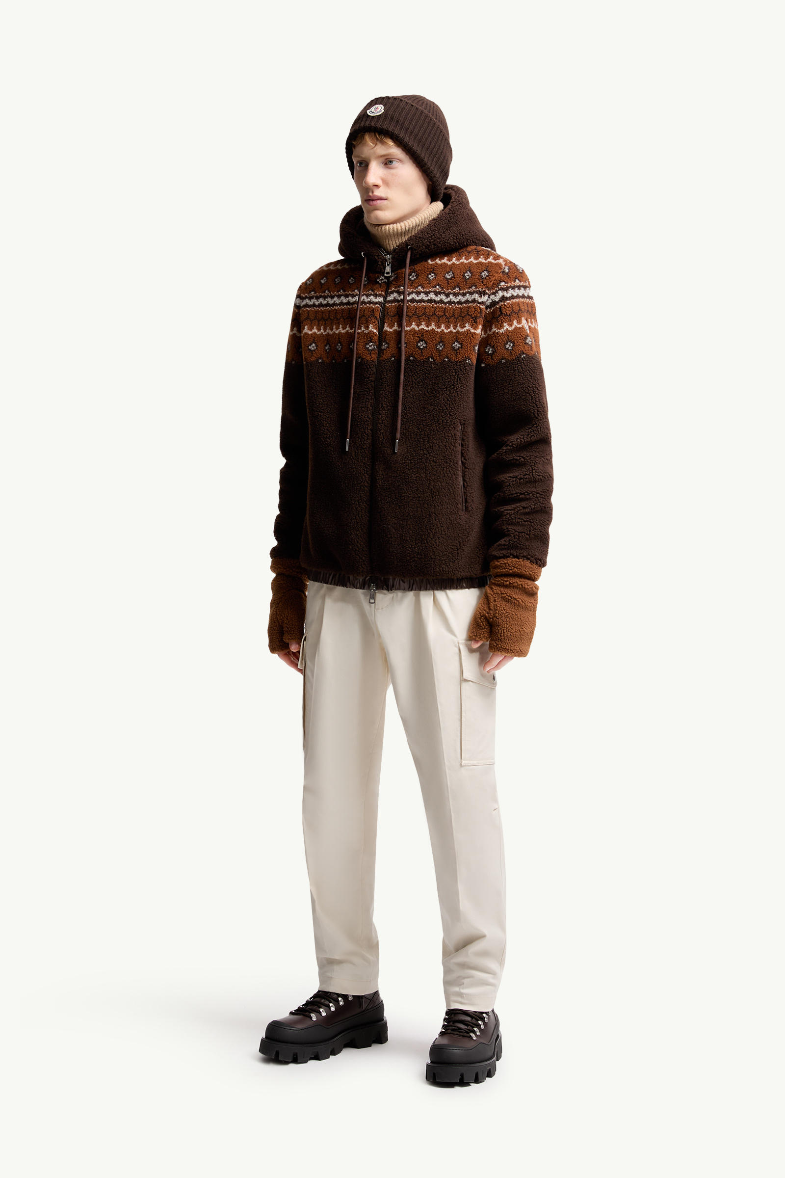 Geometric Jacquard Wool Blend Hoodie Men Brown Moncler 0
