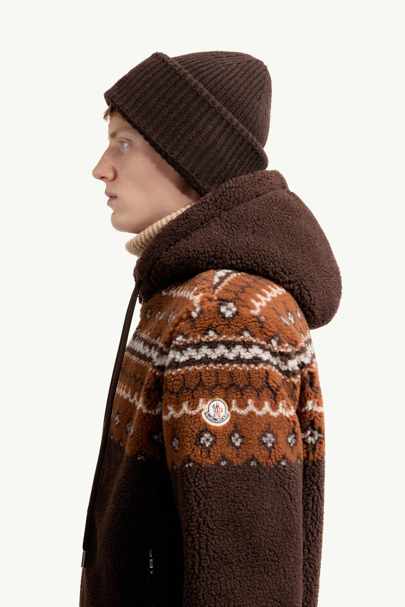 Sweat à capuche en jacquard de laine mélangée géométrique Hommes Marron Moncler 1