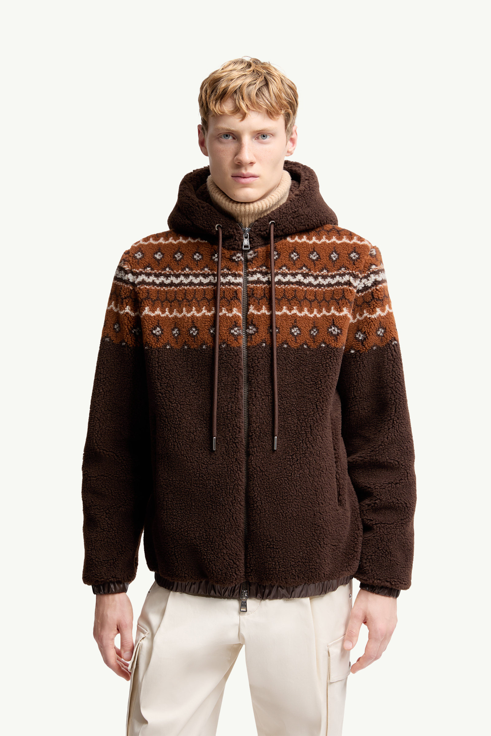 Geometric Jacquard Wool Blend Hoodie Men Brown Moncler 3