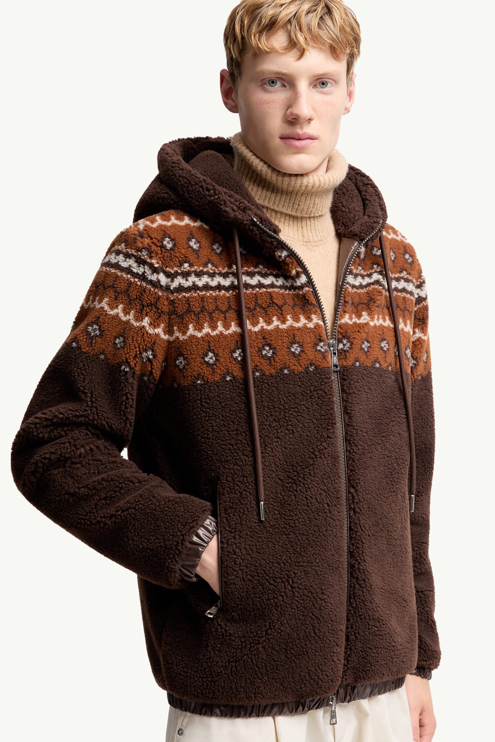Brown Geometric Jacquard Wool Blend Hoodie - Sweatshirts for Men