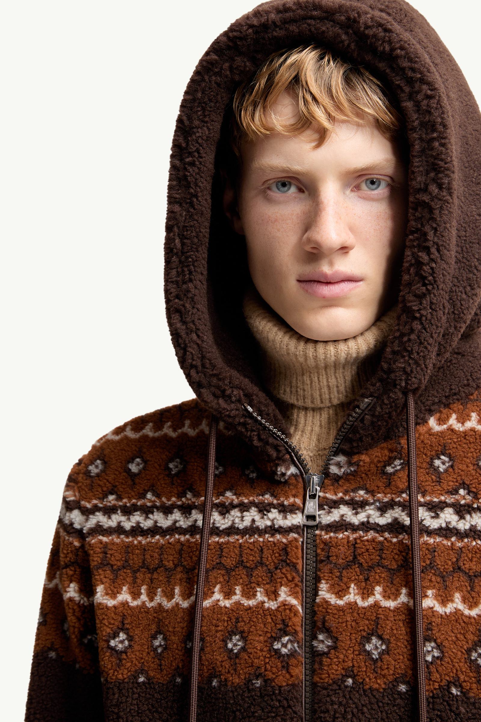 【極美品】MONCLER モンクレール ウール 羊毛 ブラウン フリンジ Brown Geometric Jacquard Wool Blend Hoodie - Sweatshirts for Men