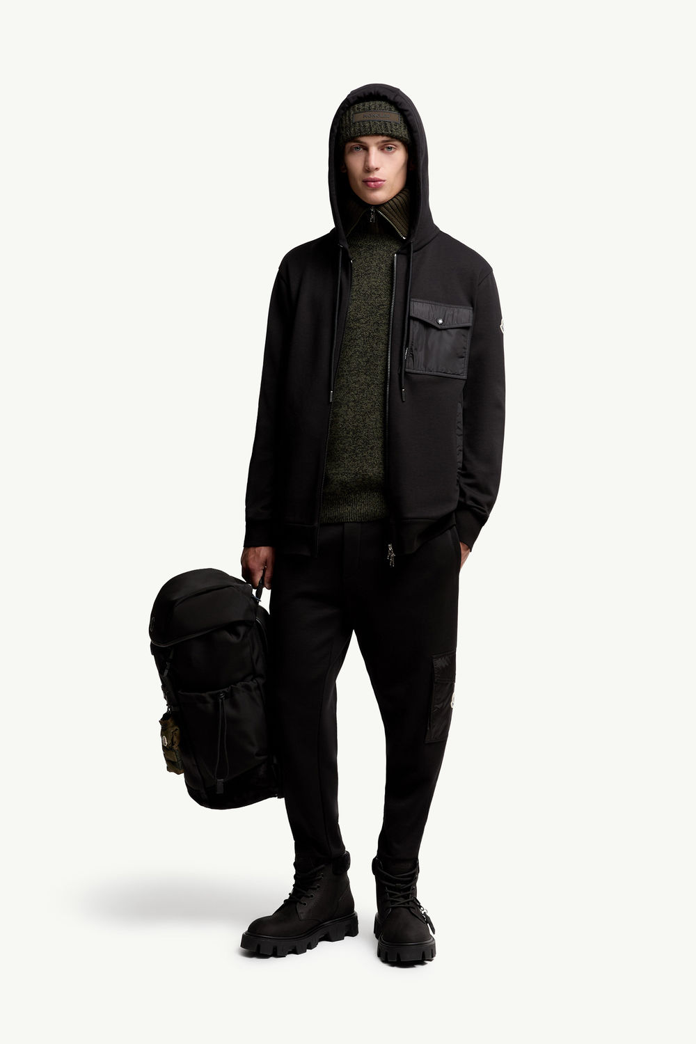 Sweat à capuche zippé en coton mélangé avec poche Hommes Noir Moncler 0