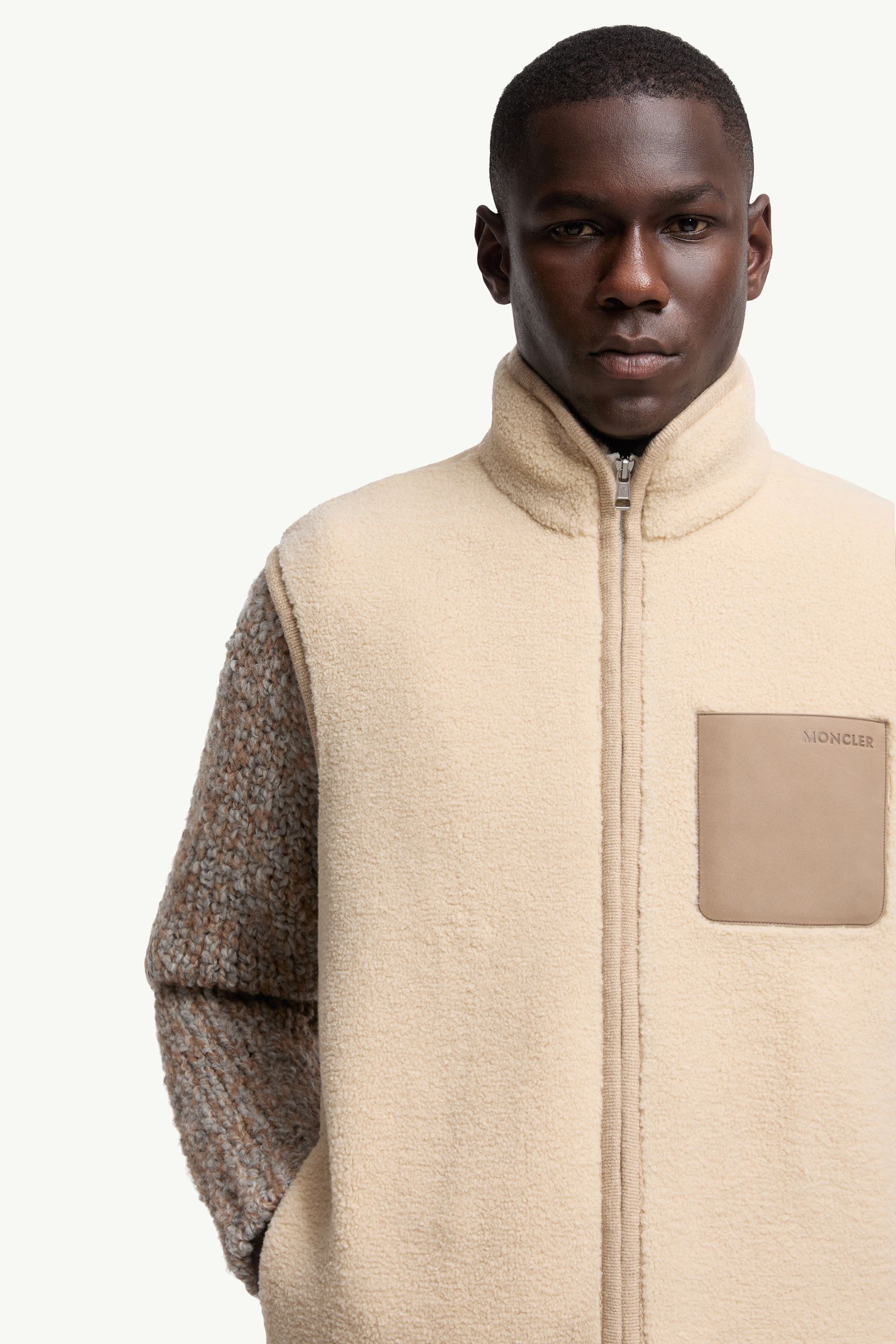 Beige Nubuck-Trimmed Teddy Gilet - Vests for Men | Moncler ES