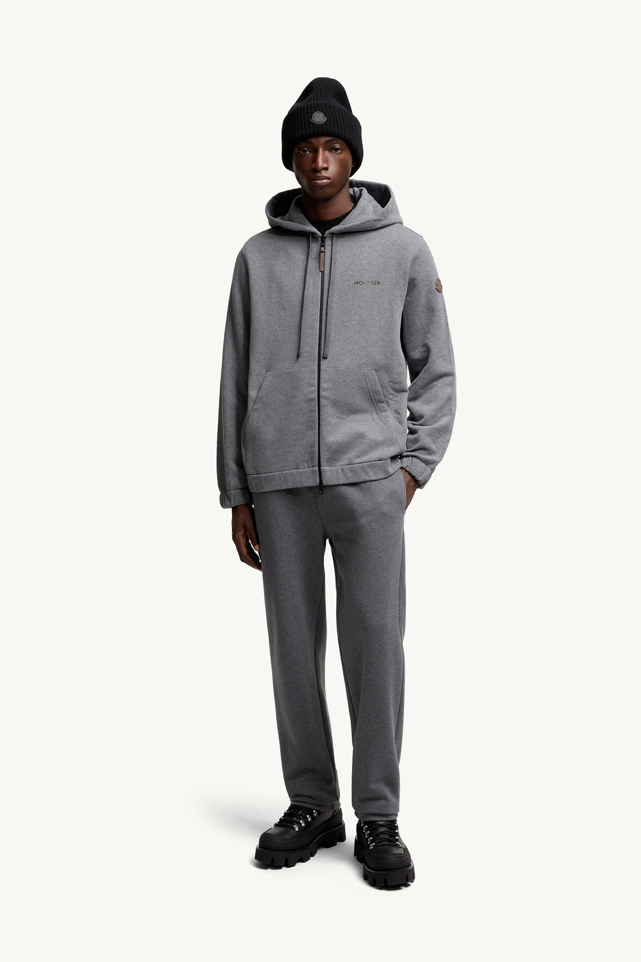 Kapuzenpullover aus Baumwollmischung mit Reißverschluss und Lederlogo Herren Dunkelgrau Moncler 0