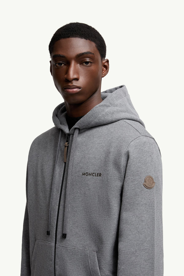 Leather Logo Cotton Blend Zip-Up Hoodie Men Dark Gray Moncler 1