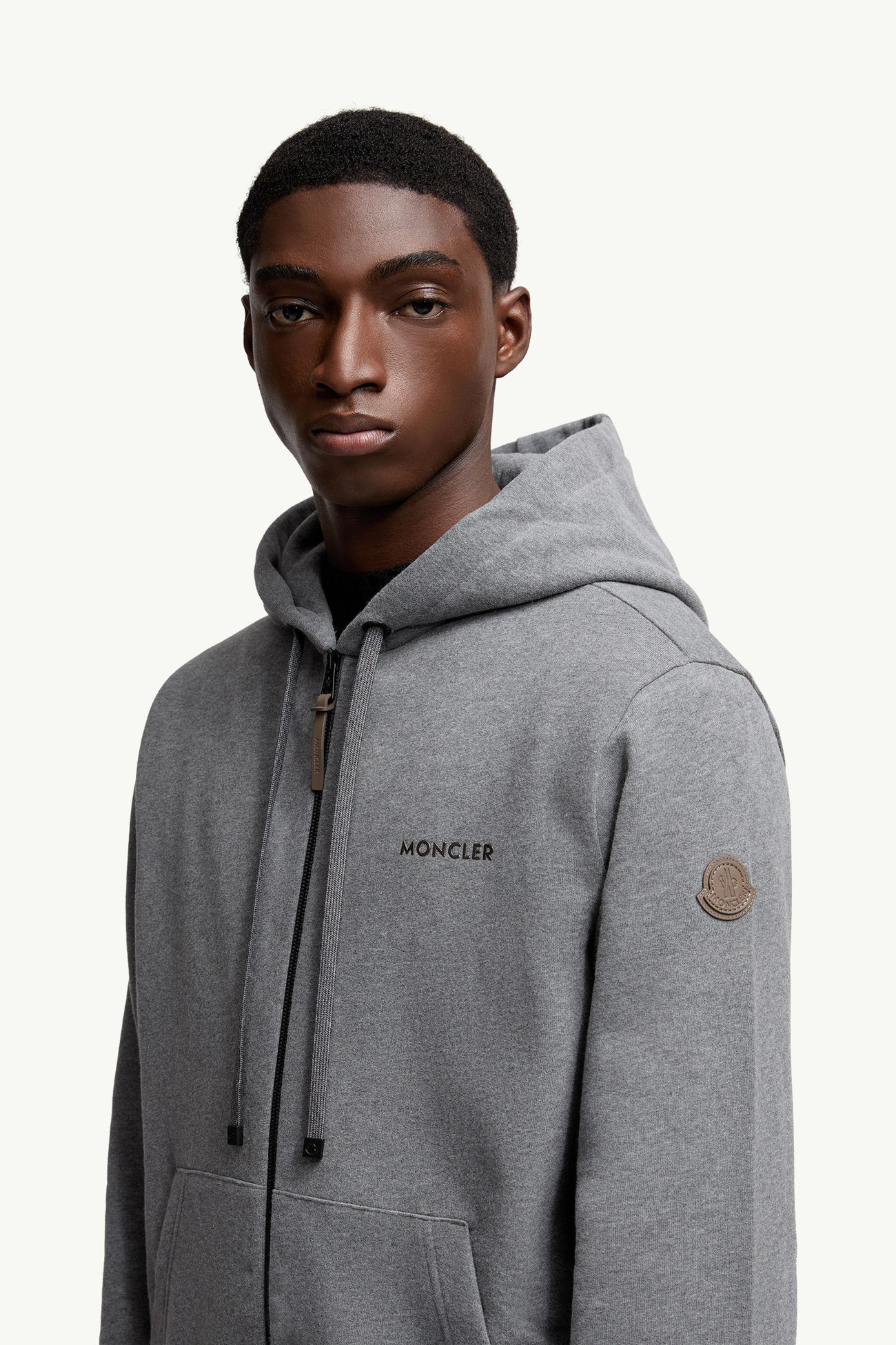 皮革標誌棉質混紡拉鏈連帽衫 男士 深灰色 Moncler 1