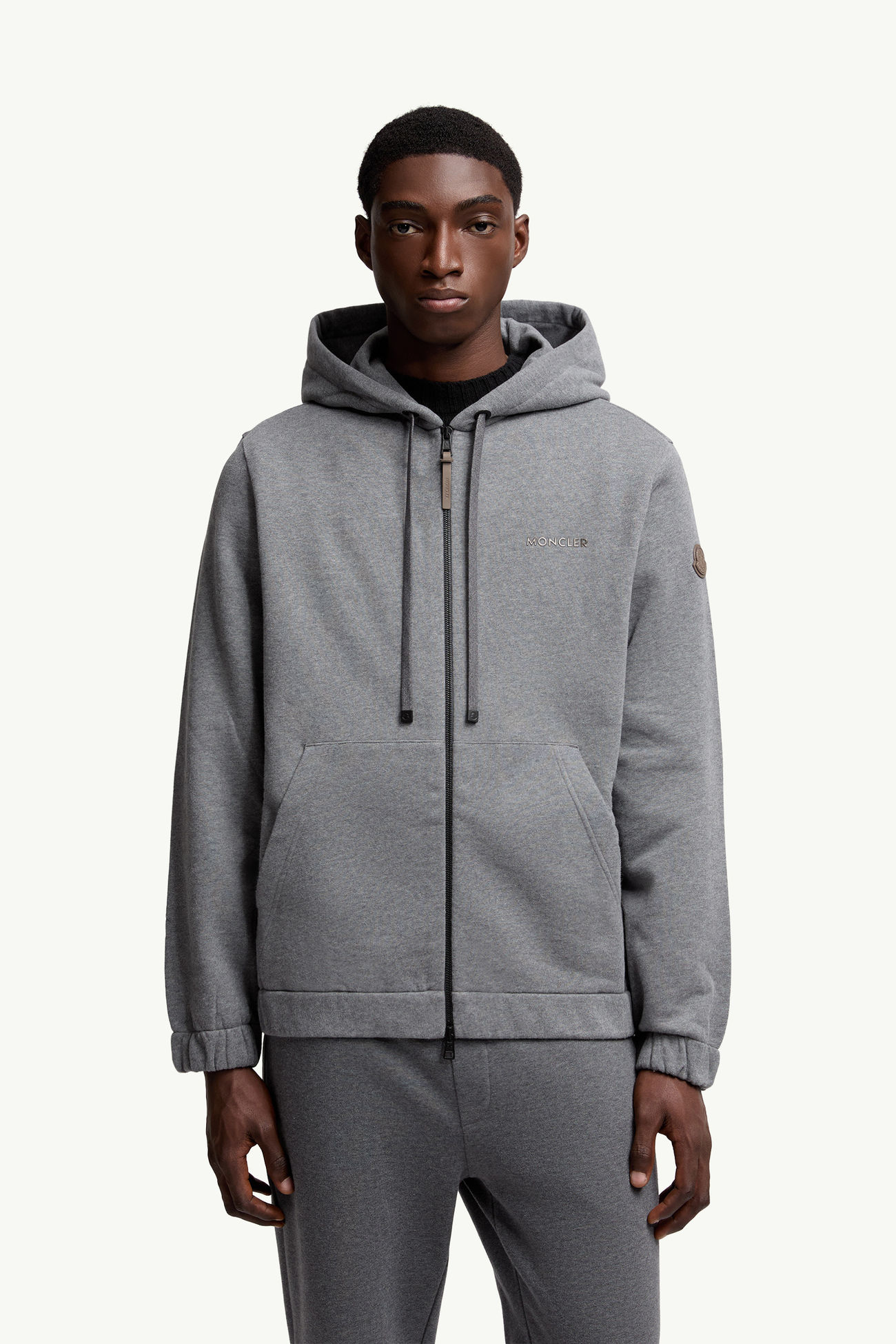 Kapuzenpullover aus Baumwollmischung mit Reißverschluss und Lederlogo Herren Dunkelgrau Moncler 3