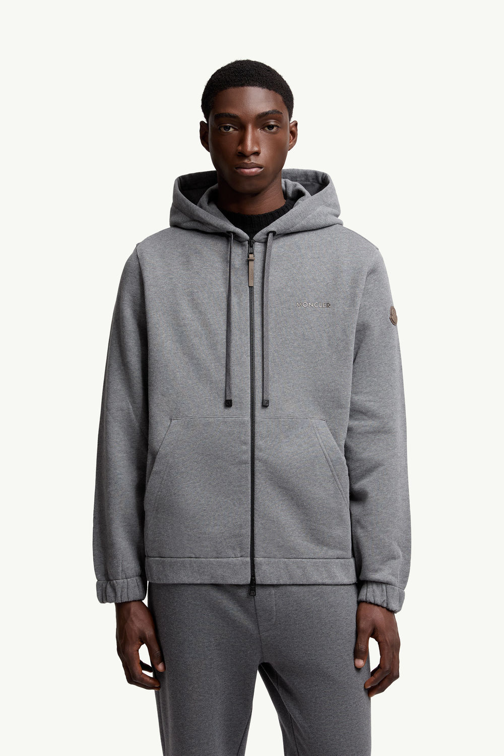 Leather Logo Cotton Blend Zip-Up Hoodie Men Dark Gray Moncler 3