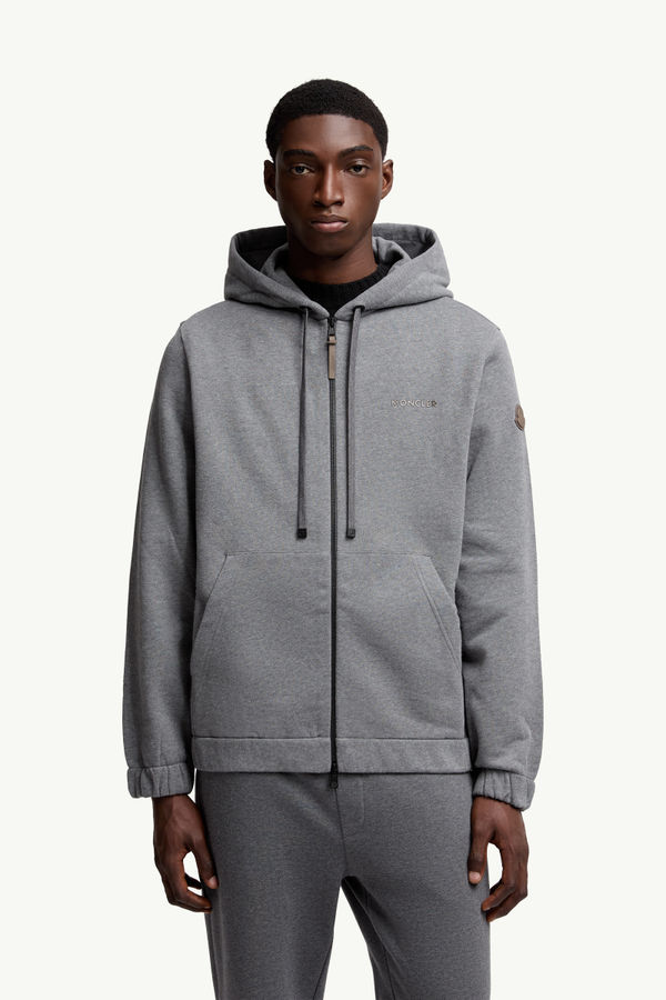 Leather Logo Cotton Blend Zip-Up Hoodie Men Dark Gray Moncler 3