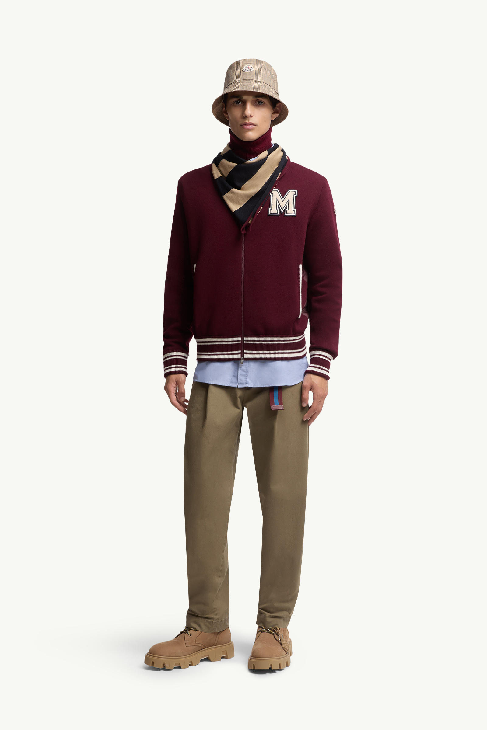 Embroidered Monogram Padded Zip-Up Wool Blend Cardigan Men Burgundy Moncler 0