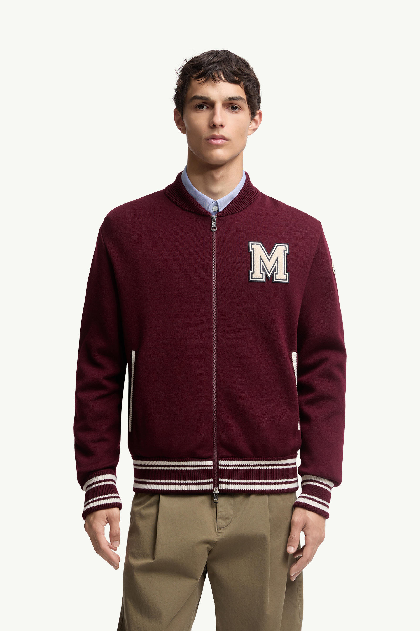 Embroidered Monogram Padded Zip-Up Wool Blend Cardigan Men Burgundy Moncler 3