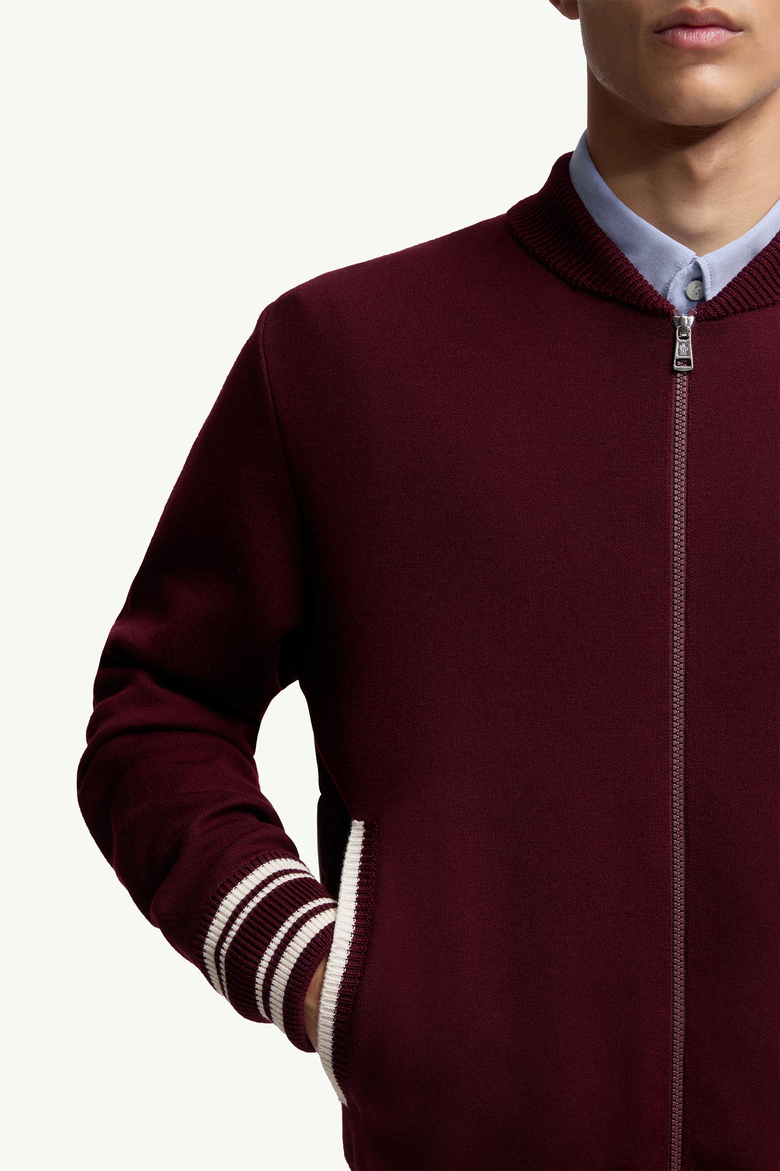 Embroidered Monogram Padded Zip-Up Wool Blend Cardigan Men Burgundy Moncler 5