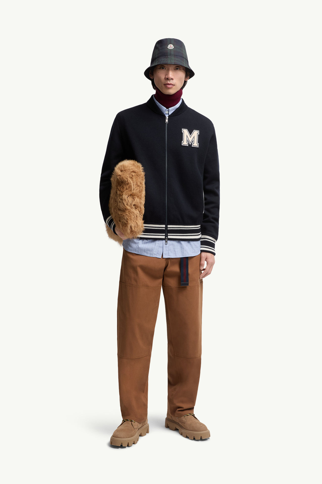 刺繡交織圖案夾層拉鏈羊毛混紡開襟毛衣 男士 藍色 Moncler 0