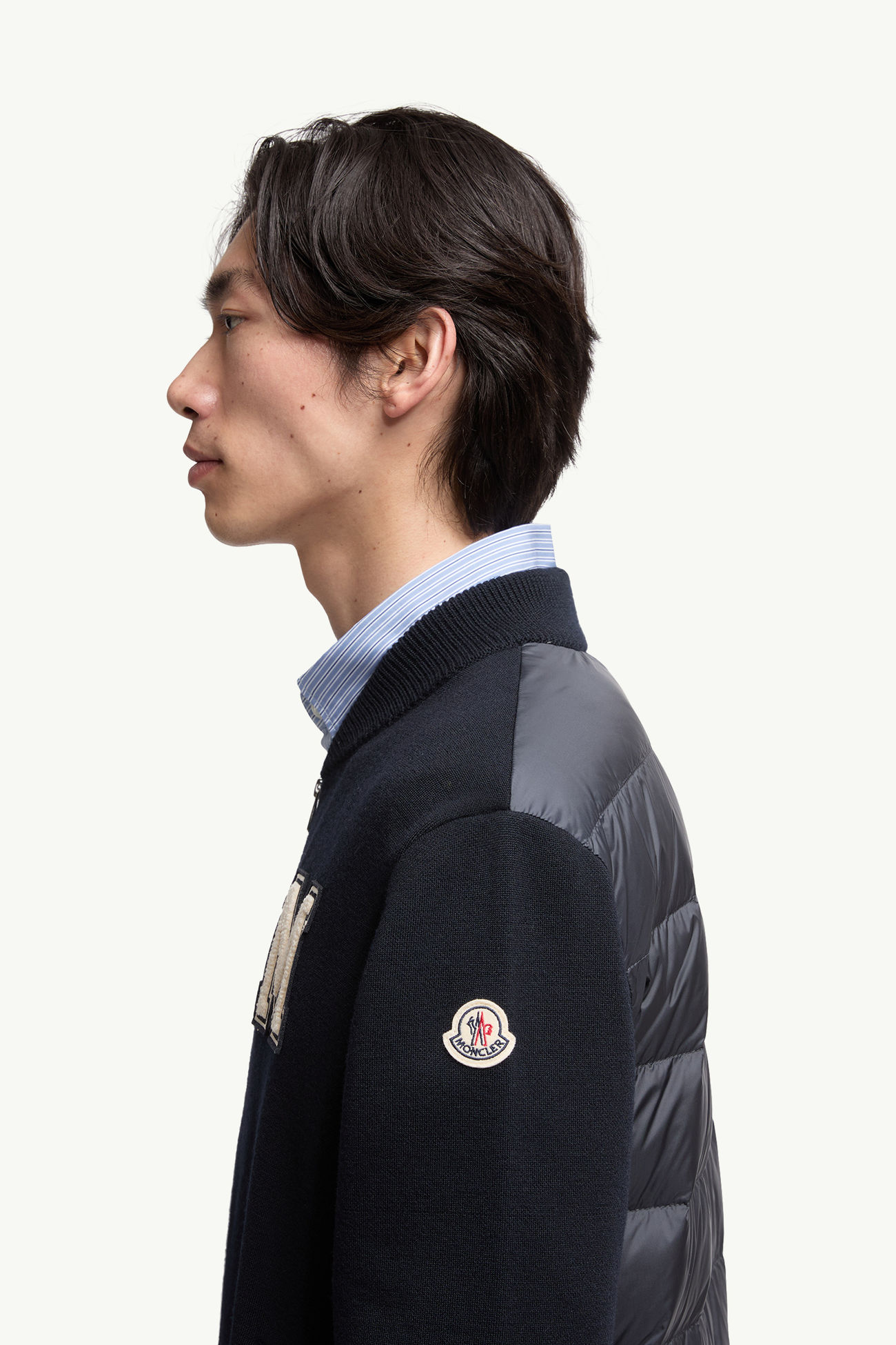 刺繡交織圖案夾層拉鏈羊毛混紡開襟毛衣 男士 藍色 Moncler 1