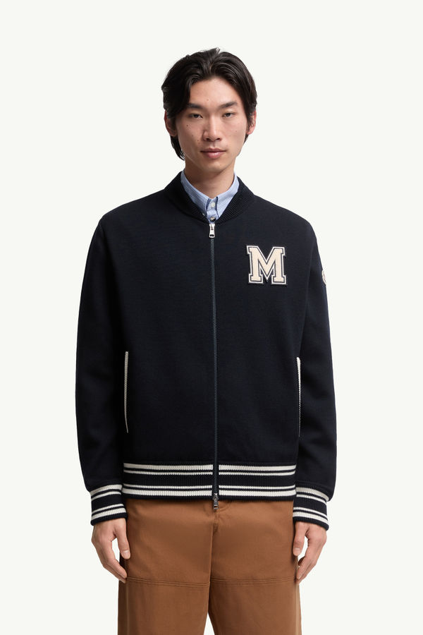 Embroidered Monogram Padded Zip-Up Wool Blend Cardigan Men Blue Moncler 3