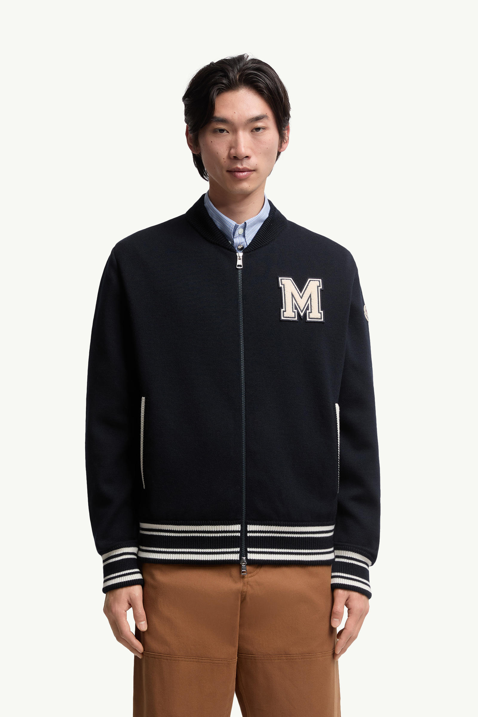 Embroidered Monogram Padded Zip-Up Wool Blend Cardigan Men Blue Moncler 3