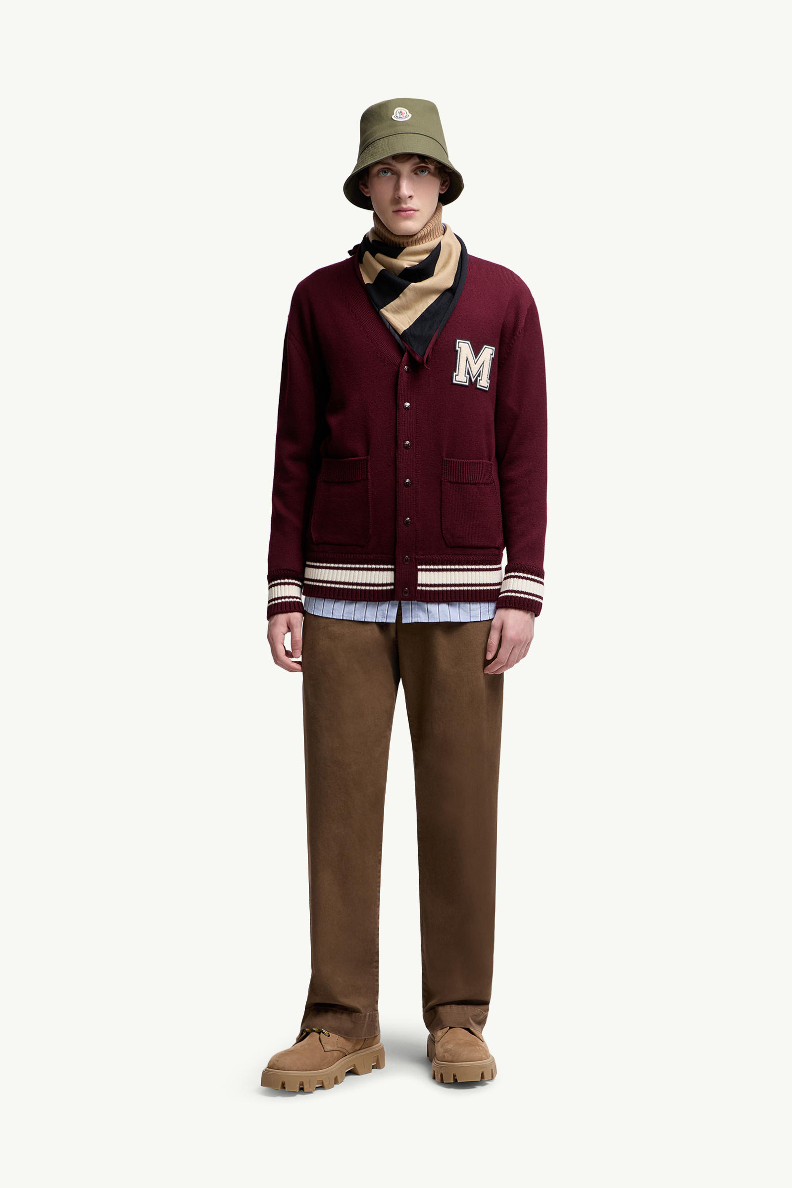 Embroidered Monogram Wool Cardigan Men Burgundy Moncler 0