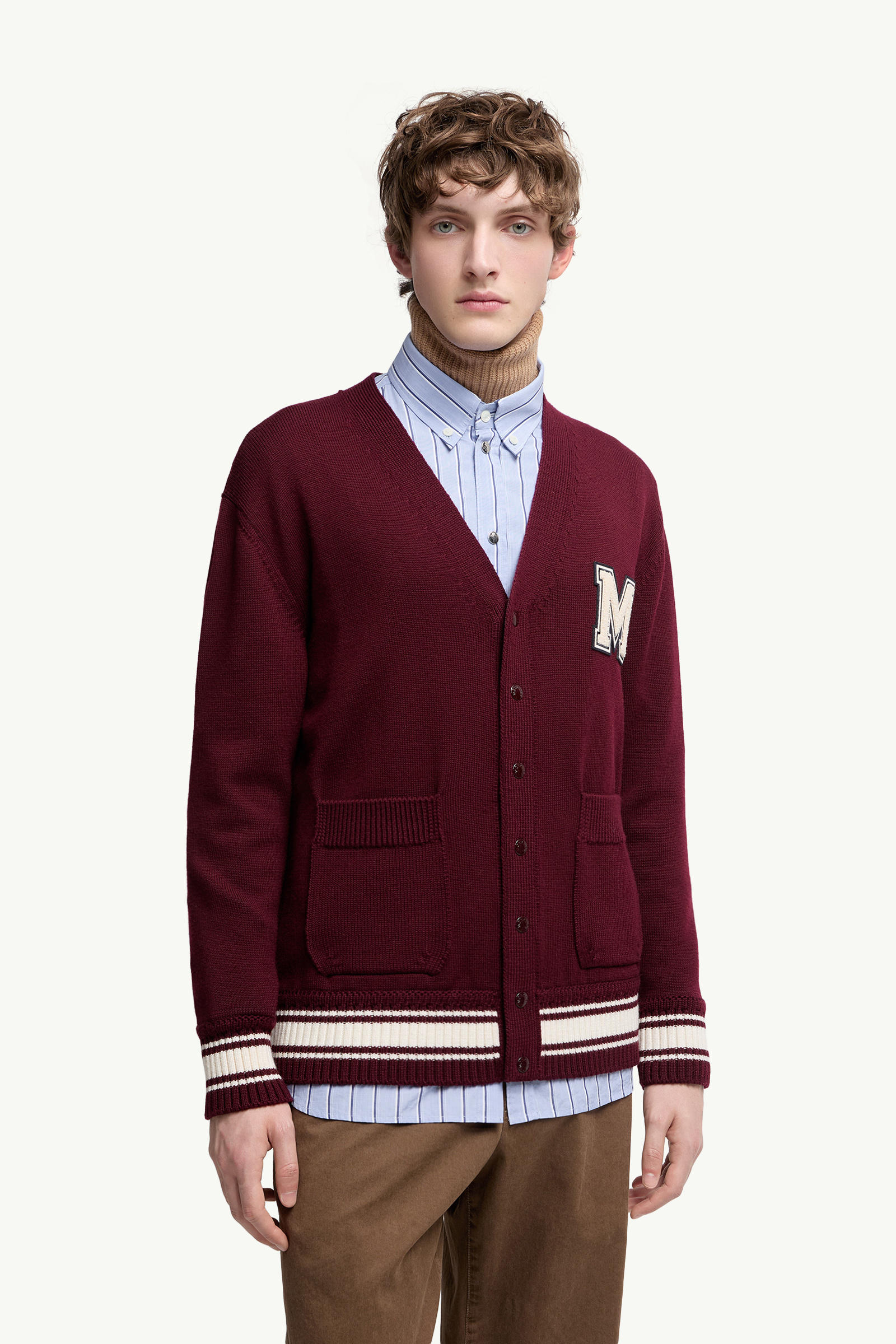 Embroidered Monogram Wool Cardigan Men Burgundy Moncler 3