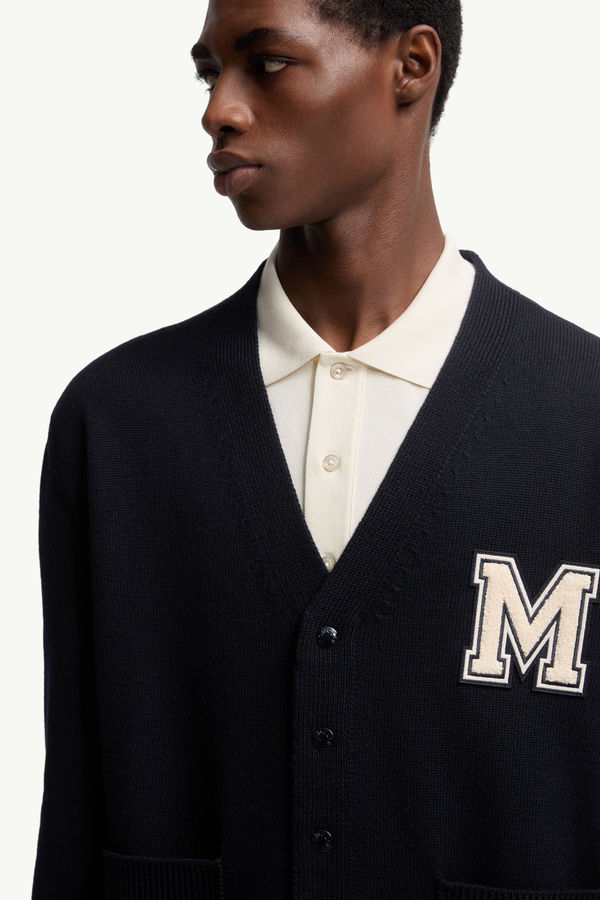 Embroidered Monogram Wool Cardigan Men Blue Moncler 5