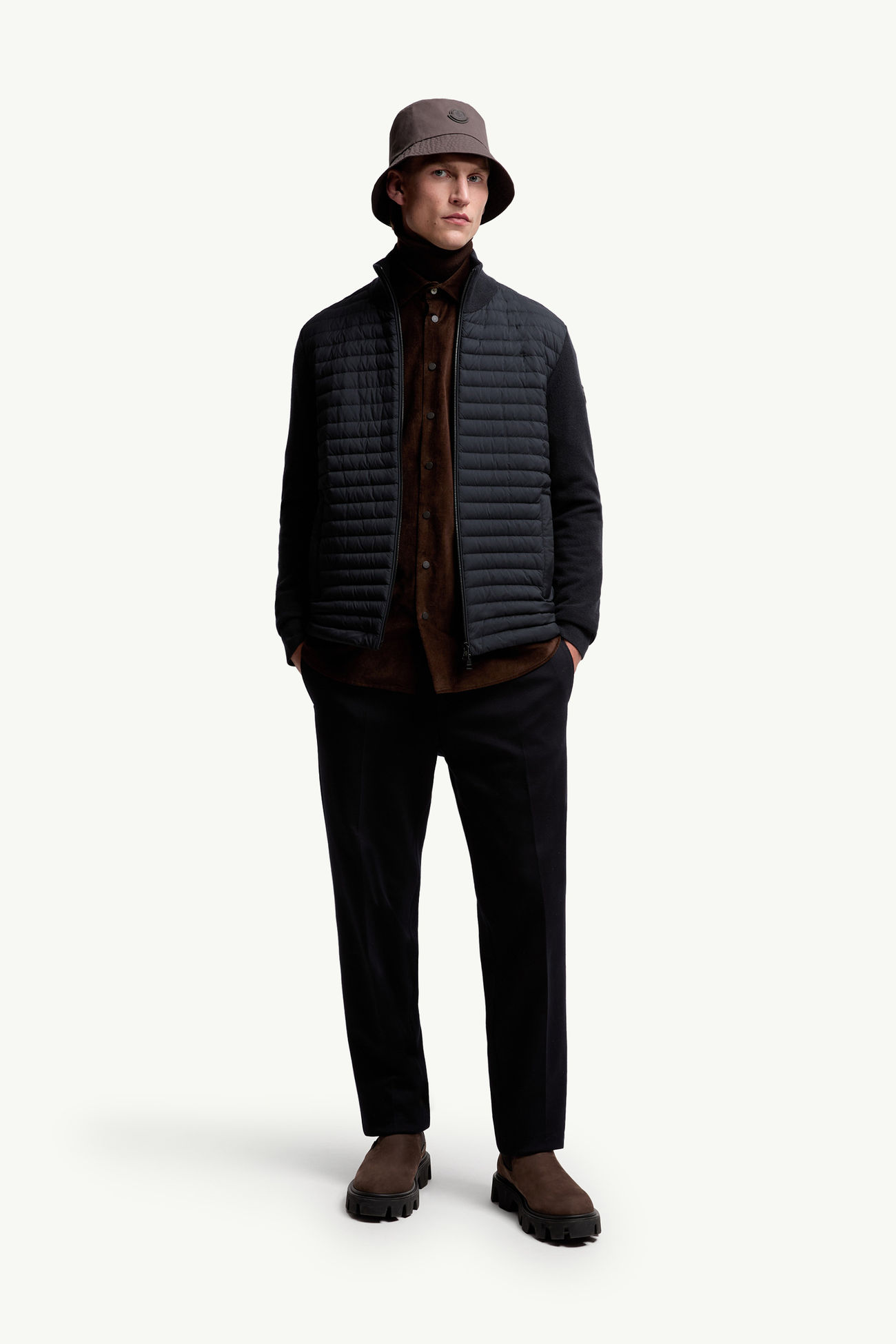 Cardigan zippé matelassé en laine et cachemire Hommes Bleu Moncler 0