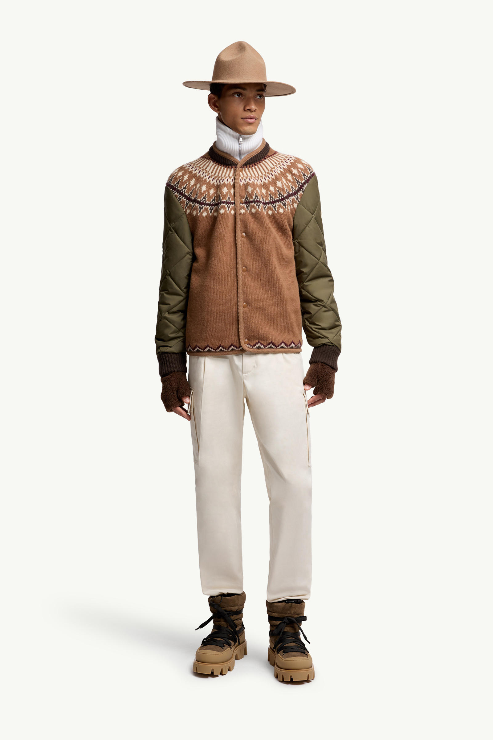 Cardigan en laine mélangée à matelassage géométrique Hommes Beige & Vert Moncler 0