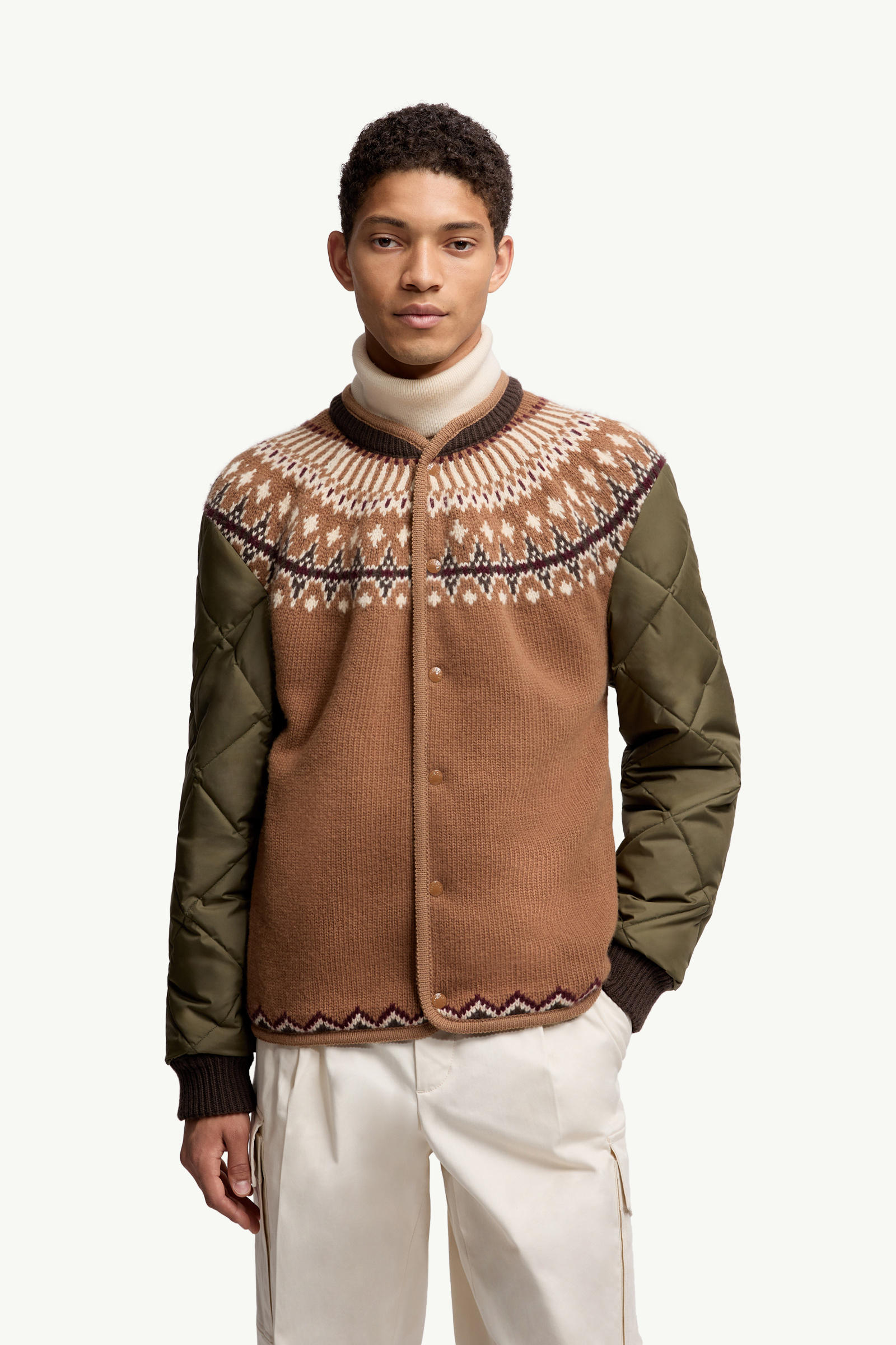 Cardigan en laine mélangée à matelassage géométrique Hommes Beige & Vert Moncler 3