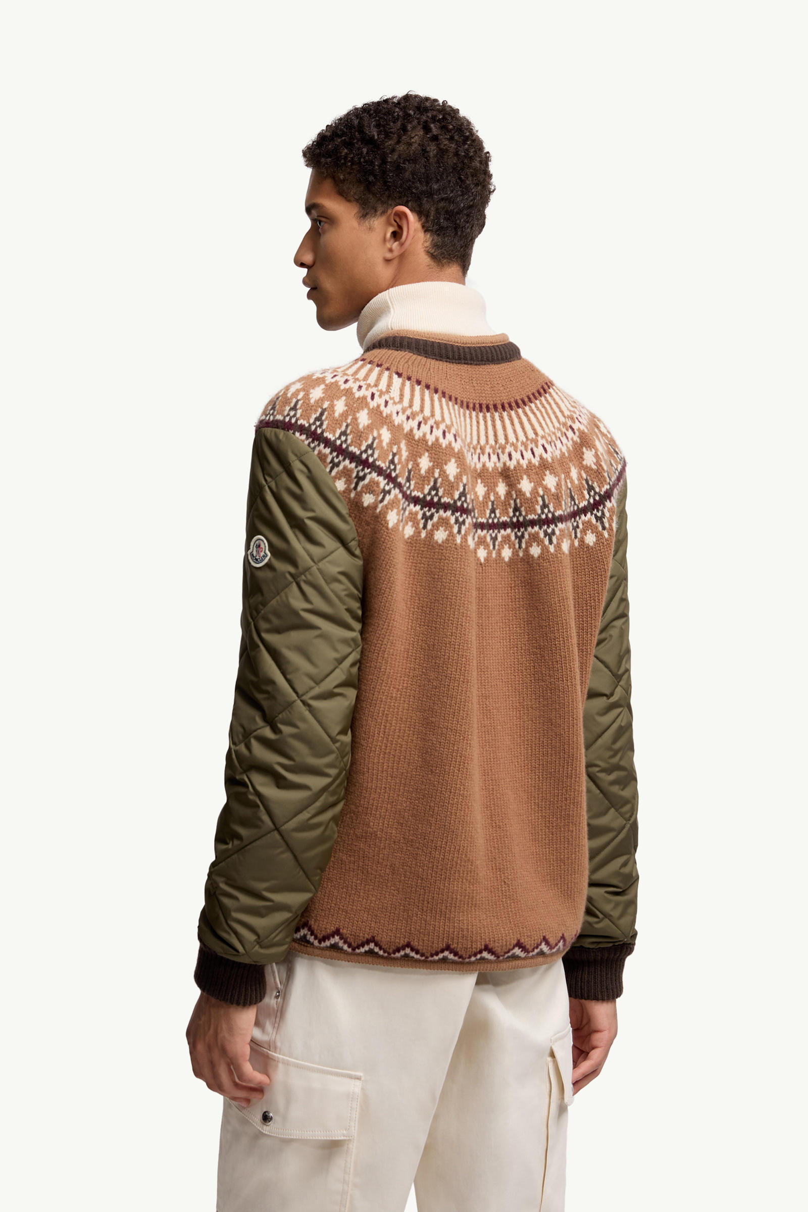 Cardigan en laine mélangée à matelassage géométrique Hommes Beige & Vert Moncler 4