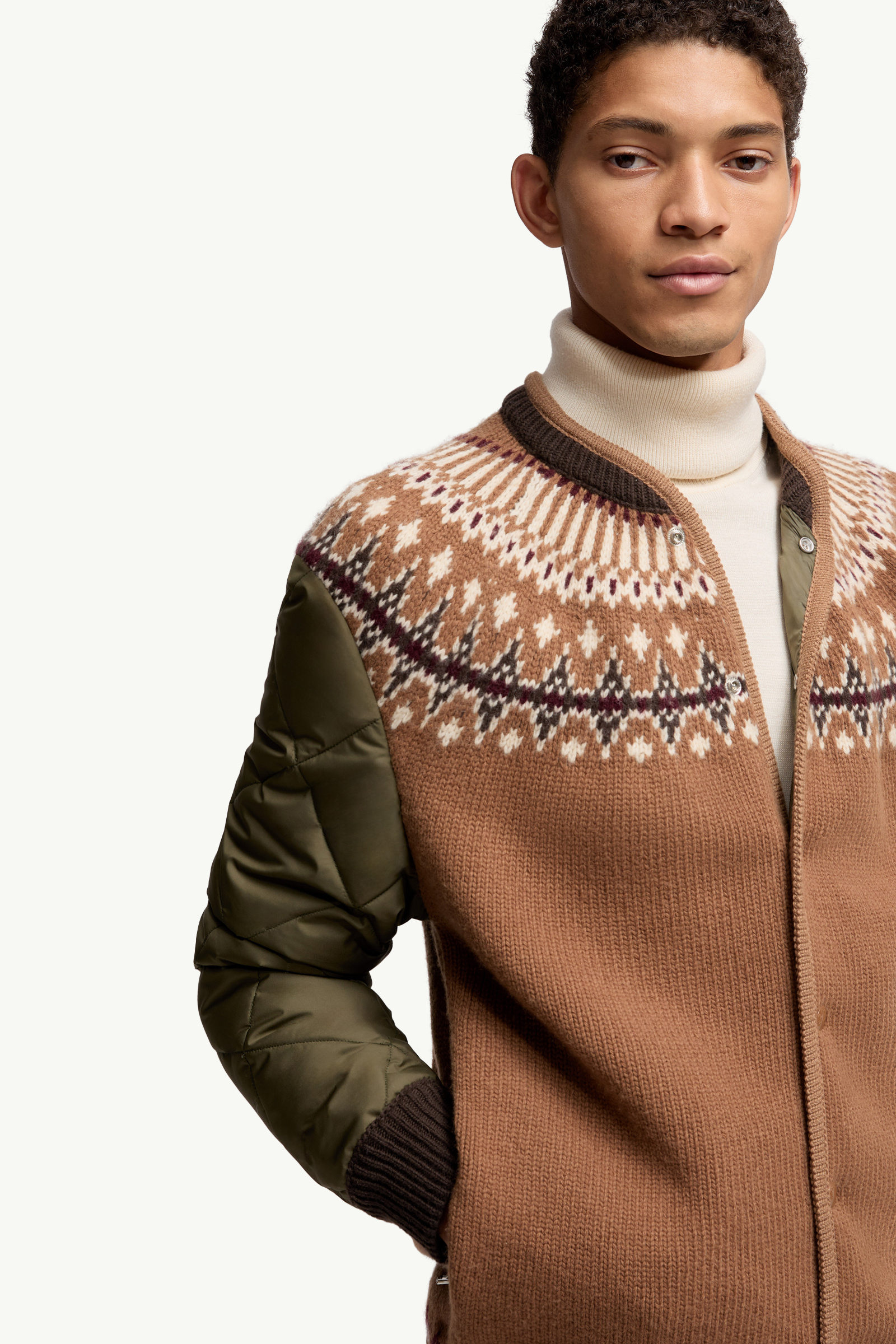 Cardigan en laine mélangée à matelassage géométrique Hommes Beige & Vert Moncler 5