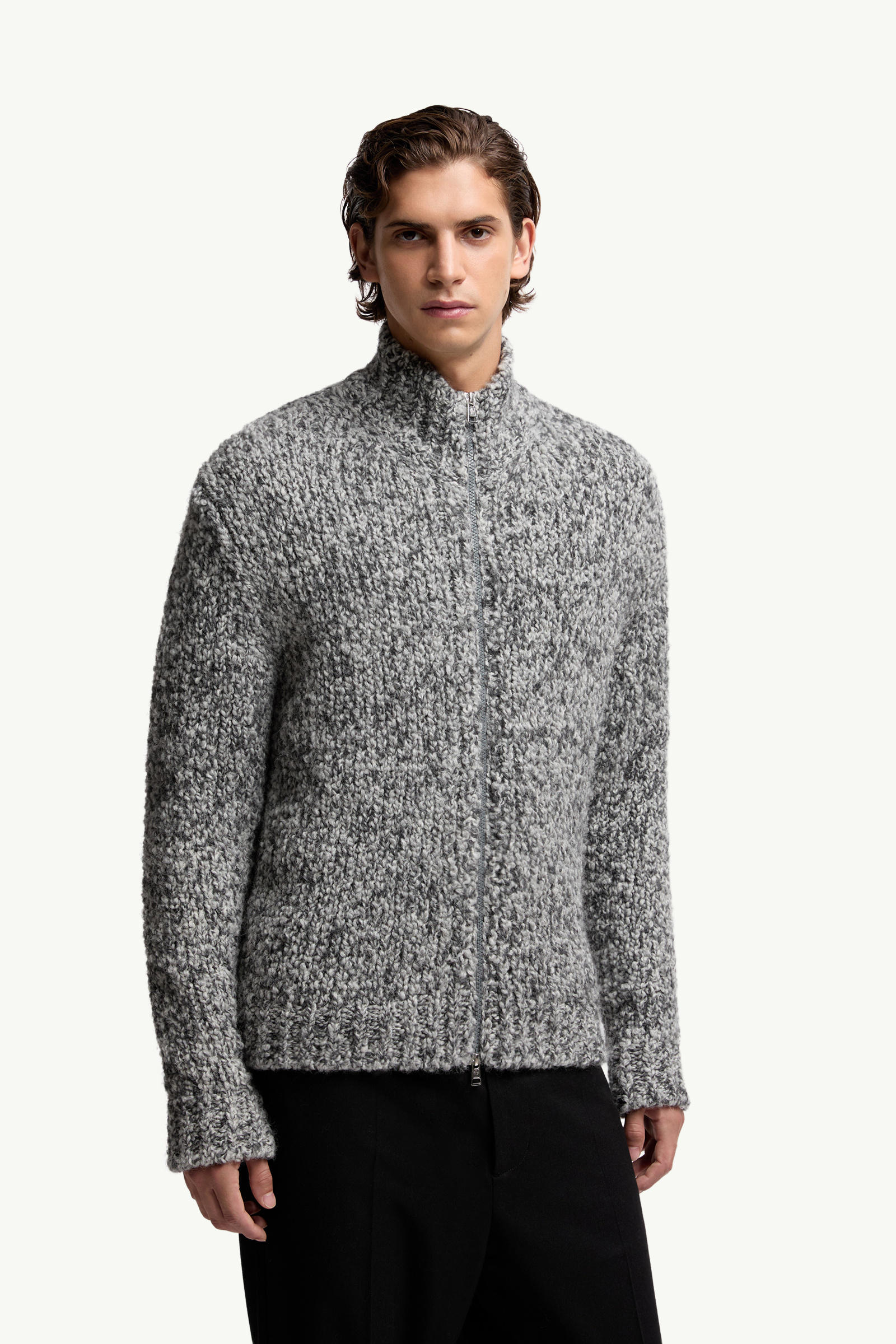 Wool & Alpaca Zip-Up Cardigan Men Gray Moncler 3