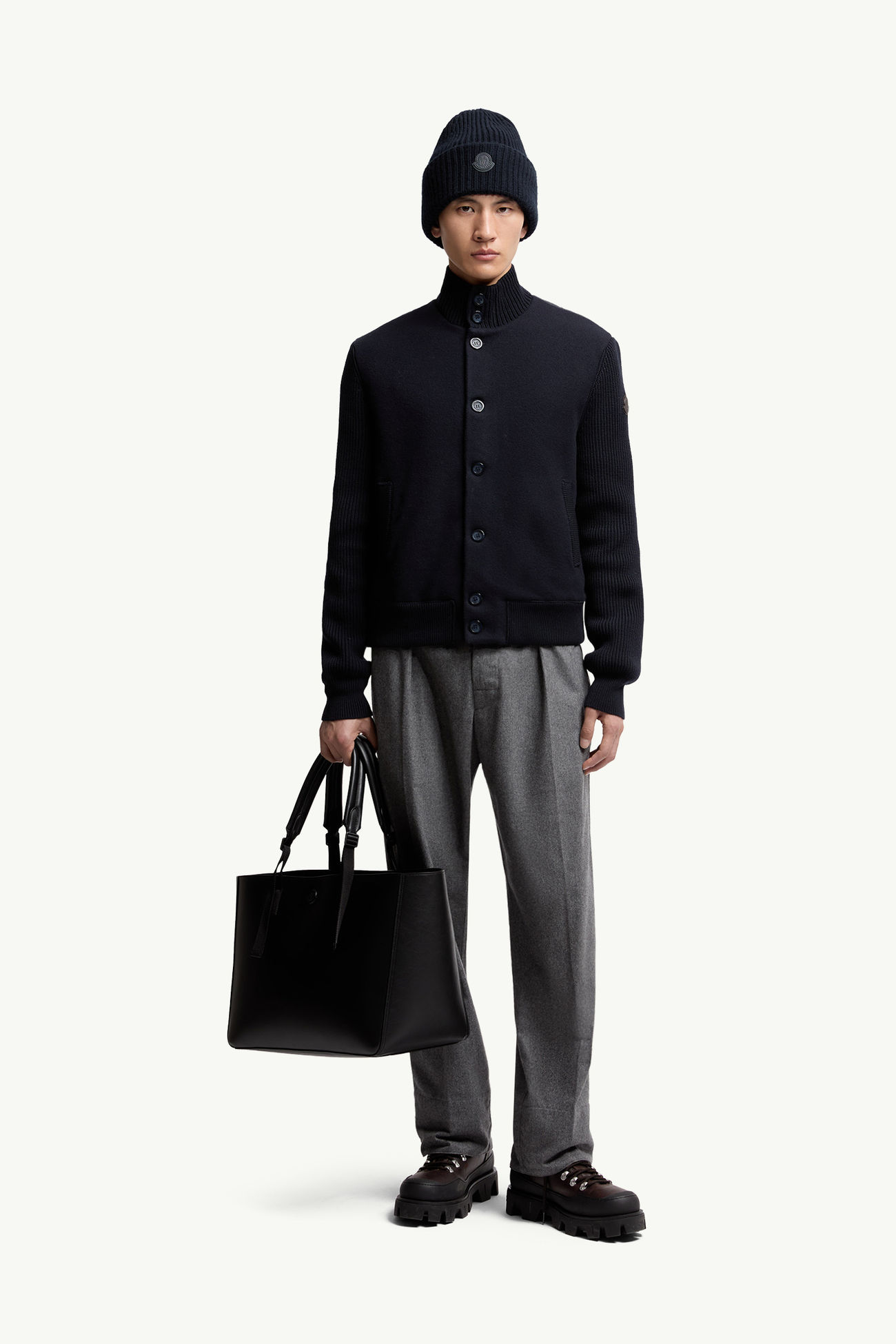 Cardigan zippé matelassé en laine Hommes Bleu marine Moncler 0