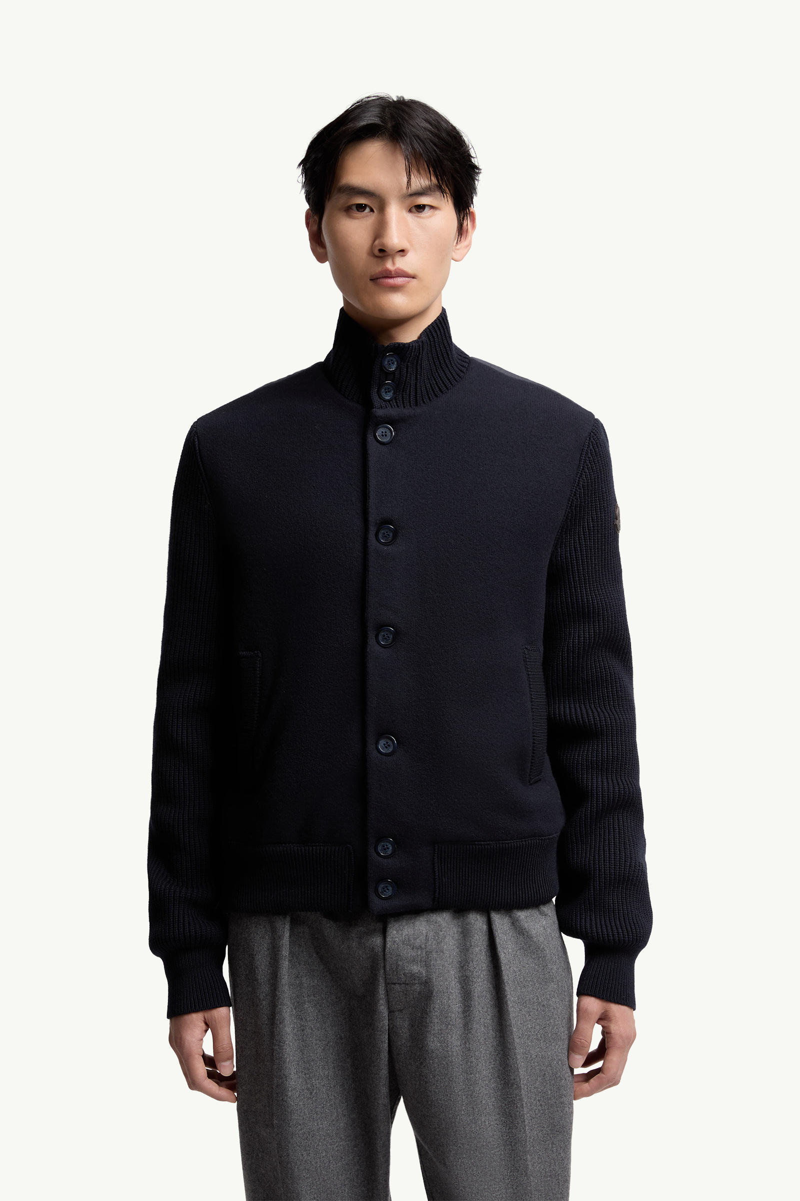 Padded Wool Zip-up Cardigan Men Navy Blue Moncler 3