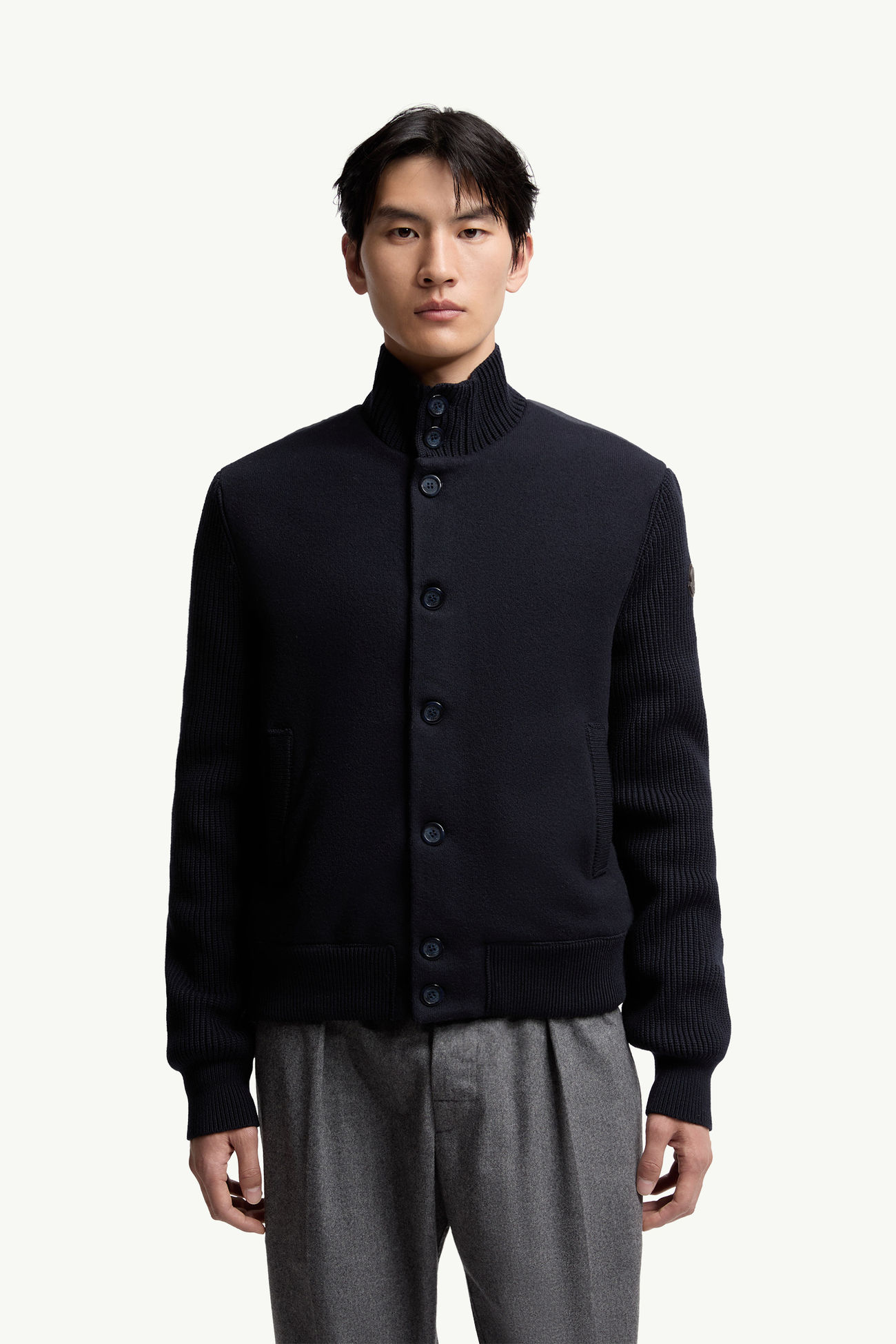 夾層羊毛拉鏈開襟毛衣 男士 海軍藍色 Moncler 3