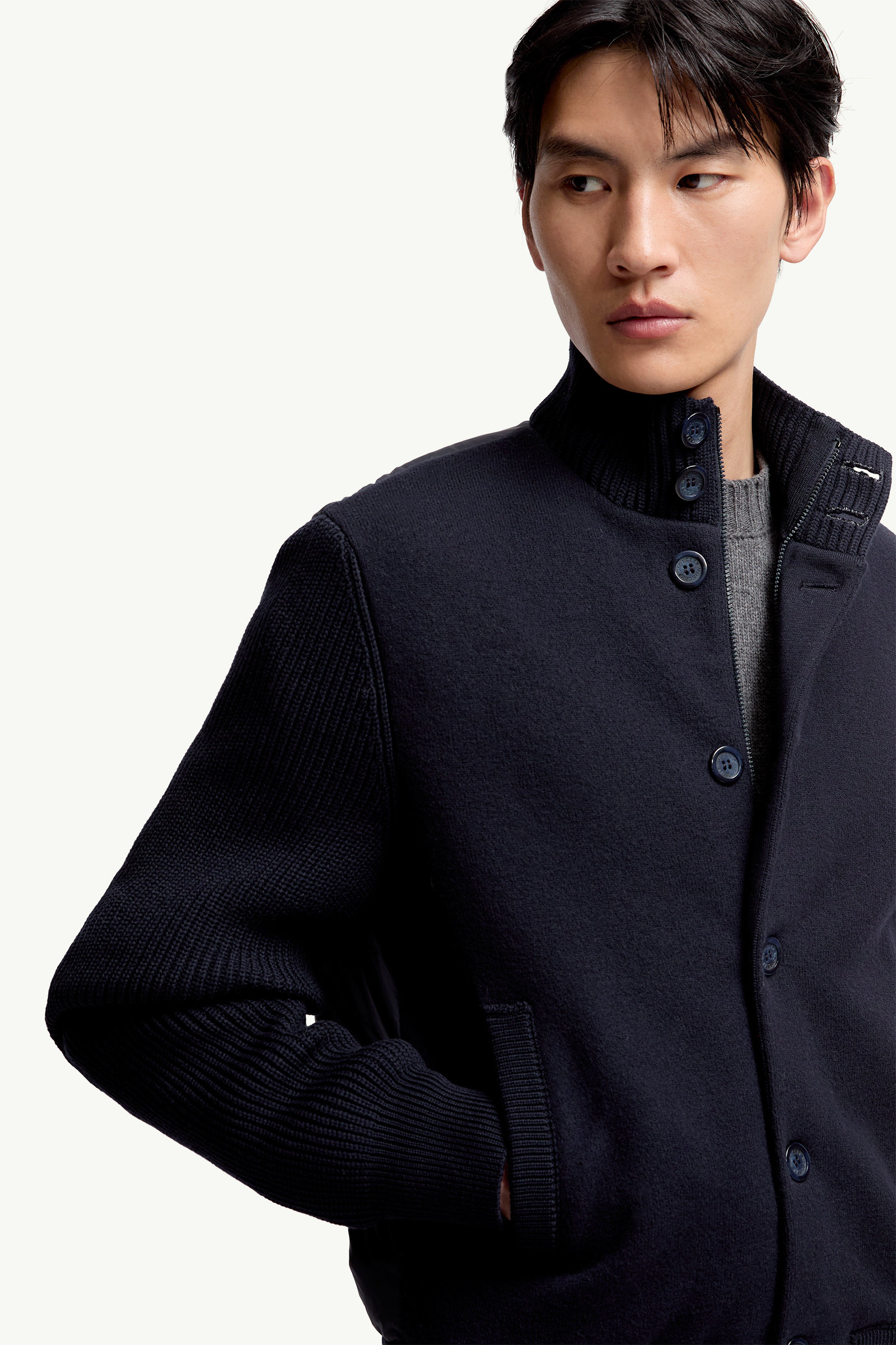Padded Wool Zip-up Cardigan Men Navy Blue Moncler 5
