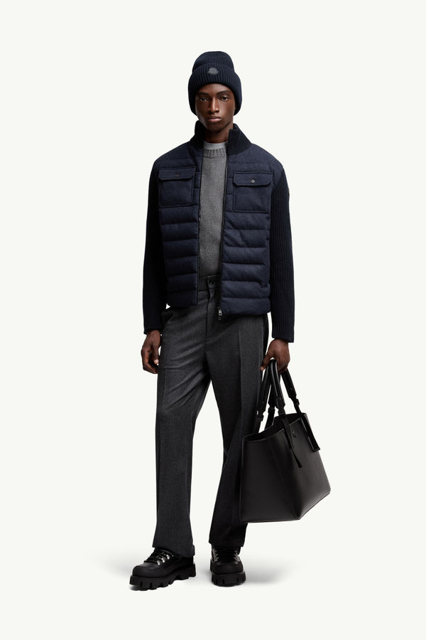 Cardigan zippé matelassé en laine Hommes Bleu marine Moncler 0