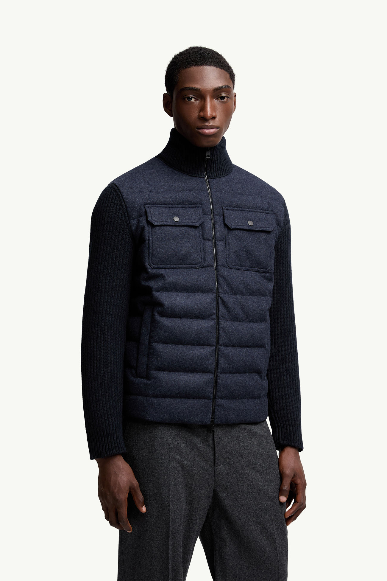 Cardigan zippé matelassé en laine Hommes Bleu marine Moncler 3