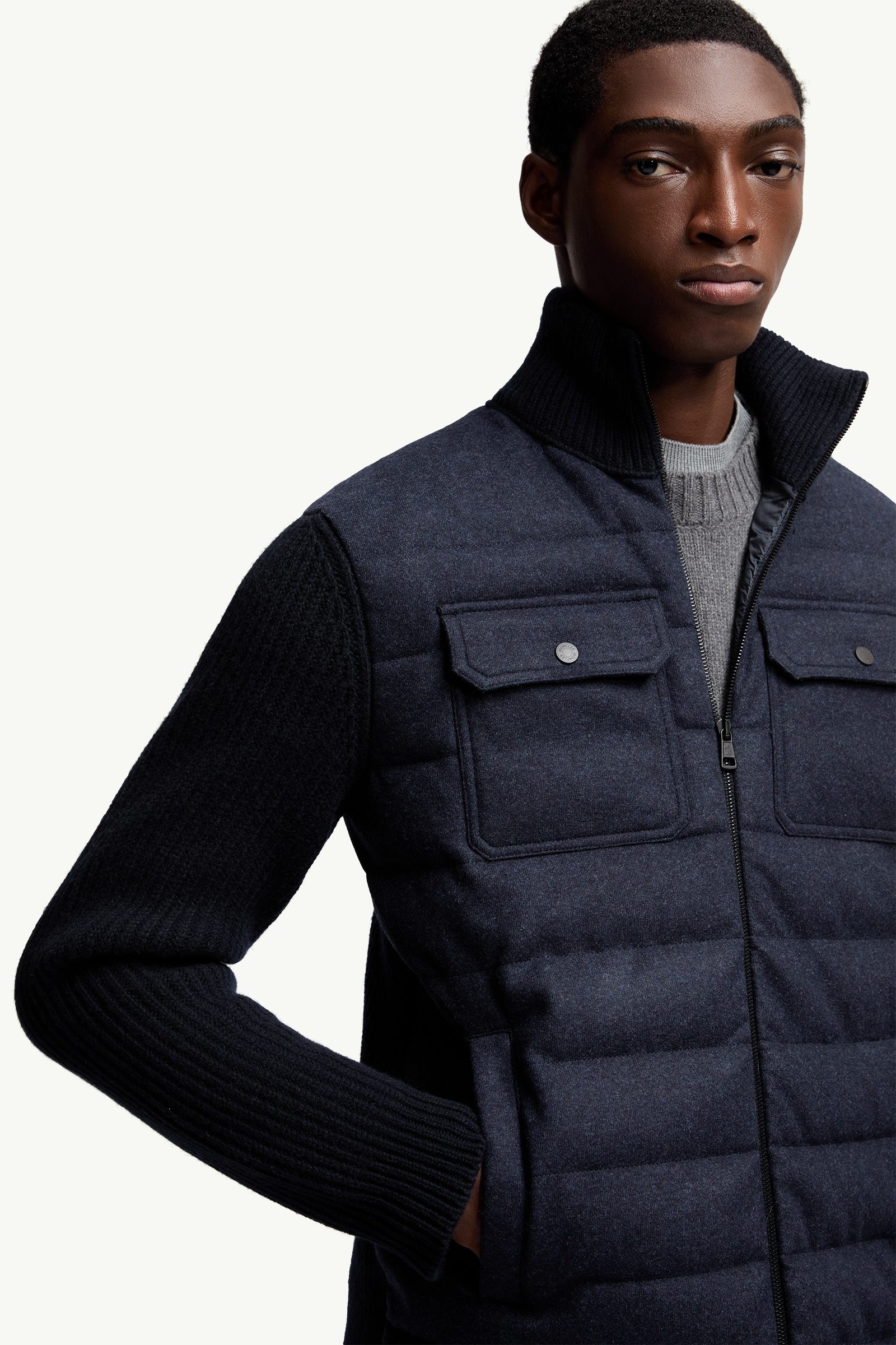 Navy Blue Padded Wool Zip-up Cardigan - Sweaters & Cardigans for