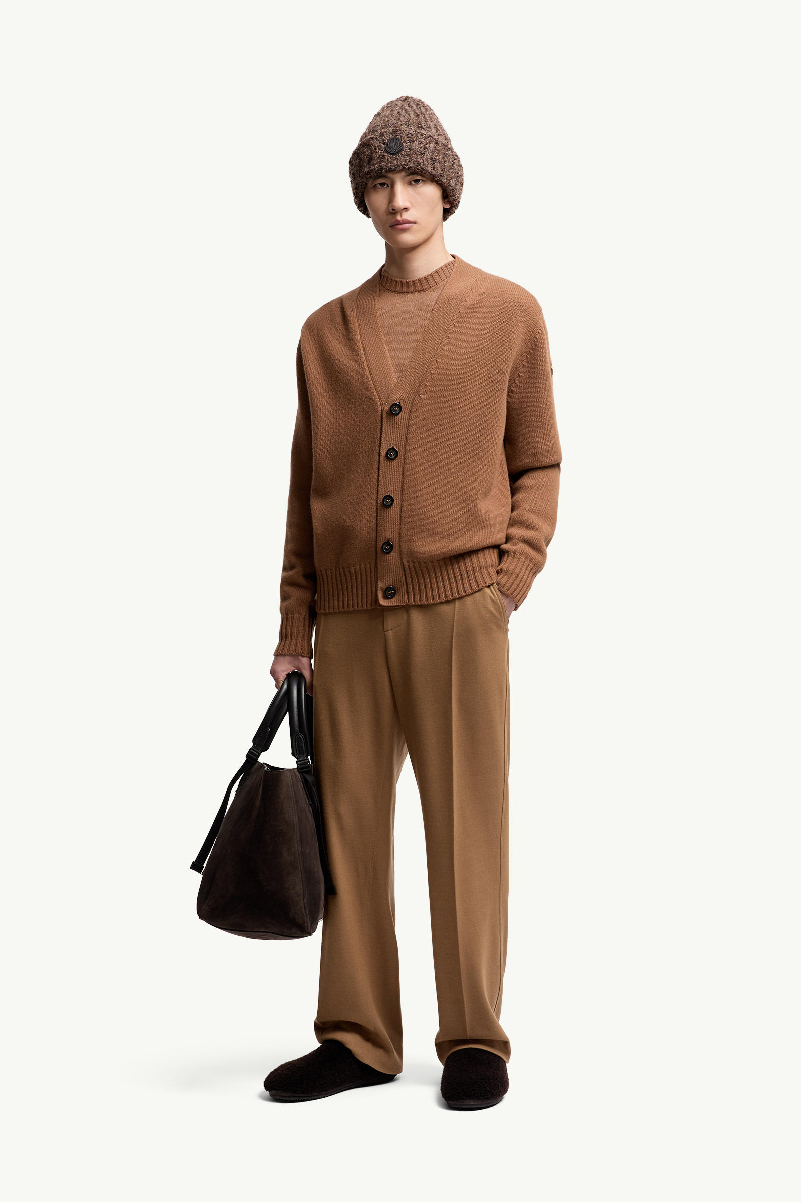 V-Neck Wool Cardigan Men Camel Beige Moncler 0
