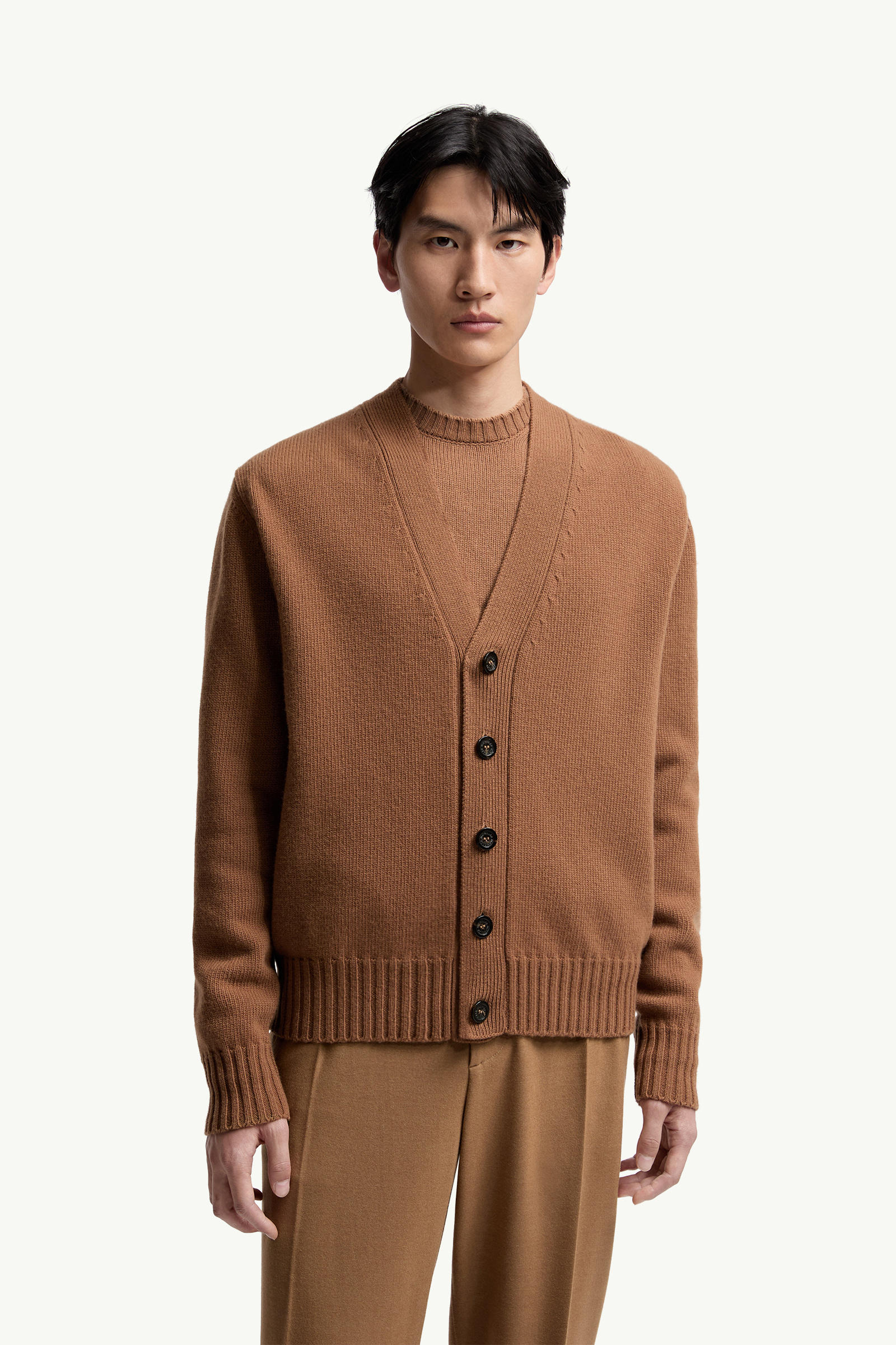 V-Neck Wool Cardigan Men Camel Beige Moncler 3
