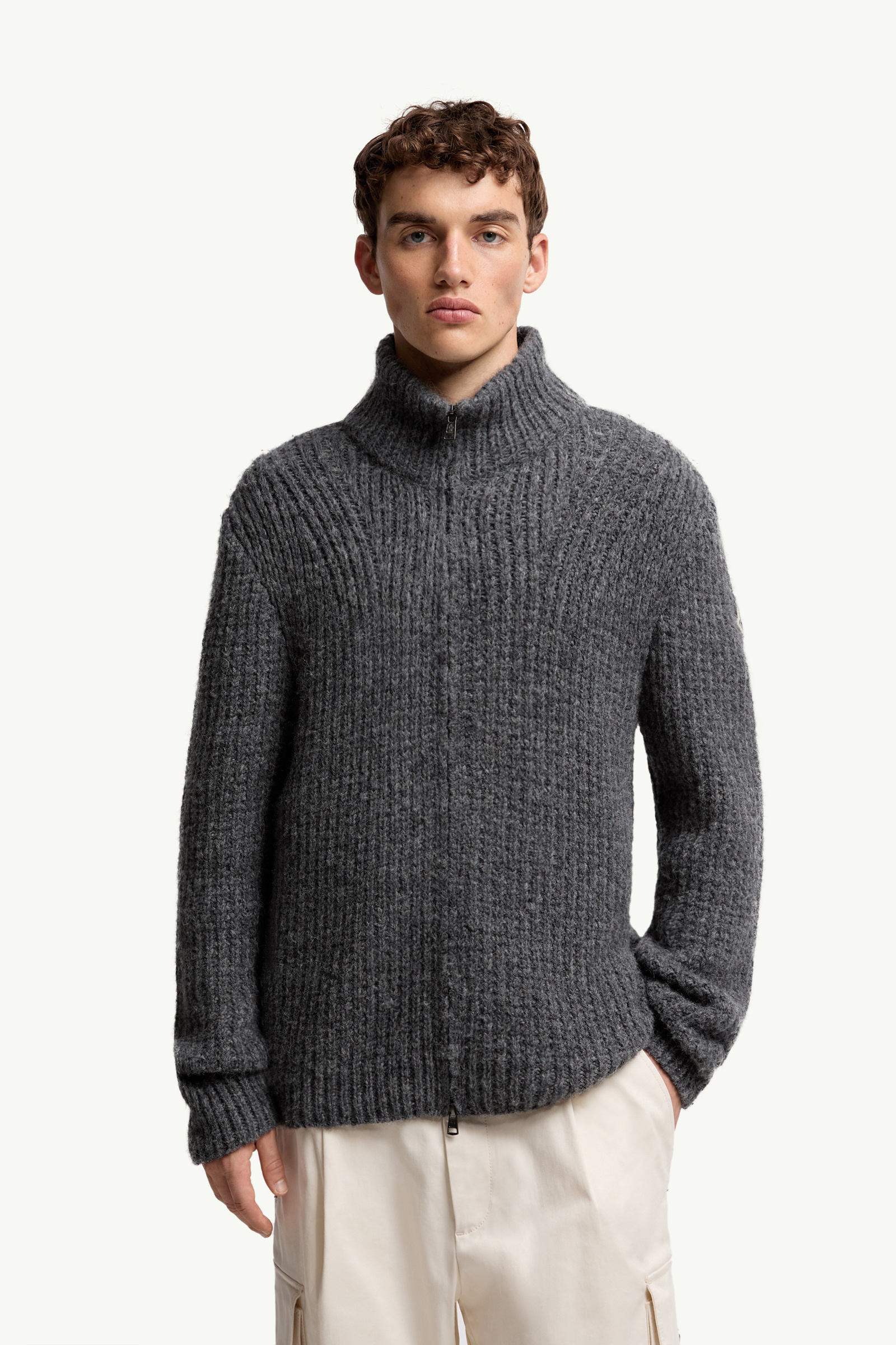 Alpaca & Wool Zip-Up Cardigan Men Dark Gray Moncler 3