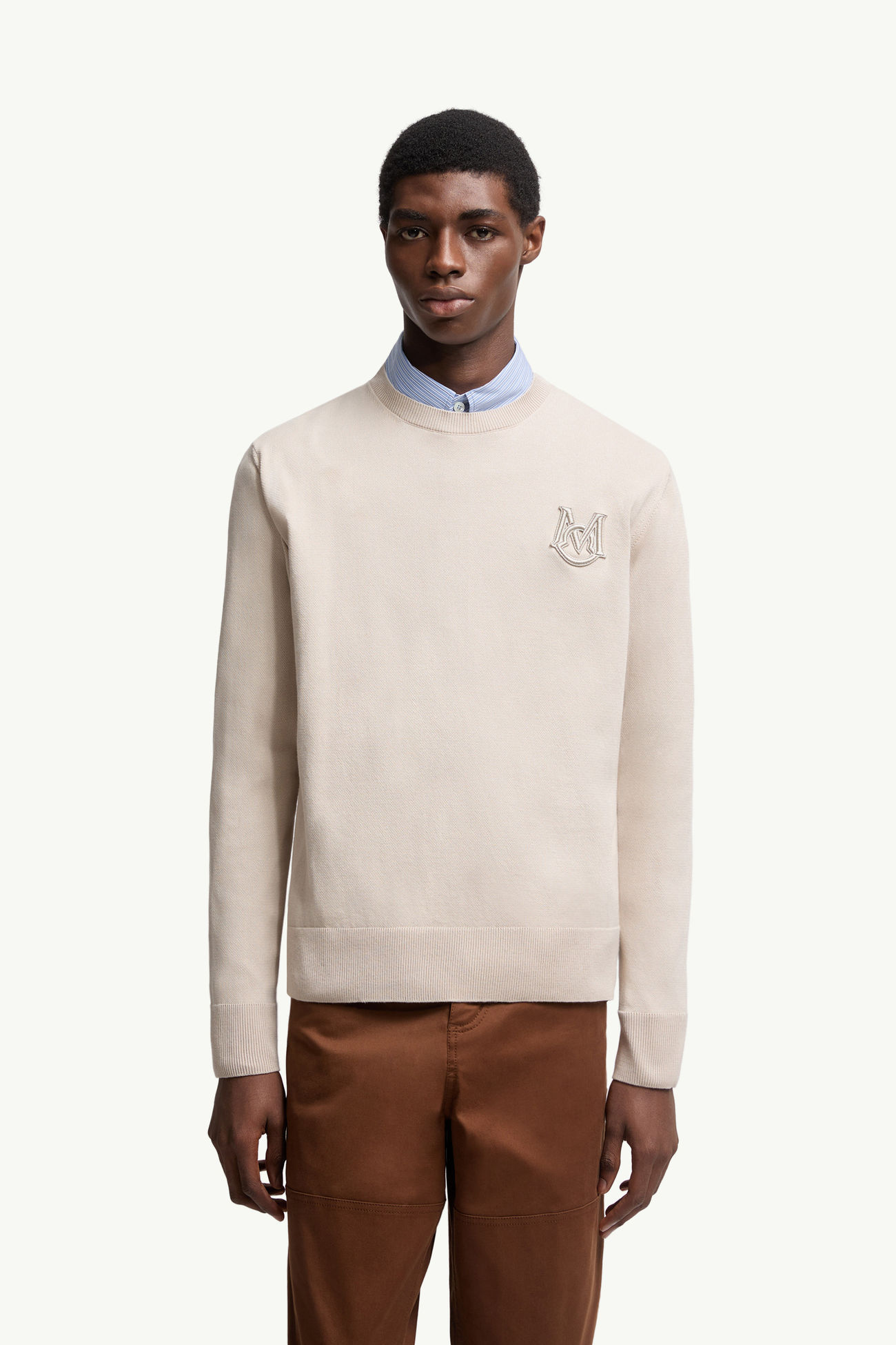 Embroidered Monogram Cotton Sweater Men Light Beige Moncler 3