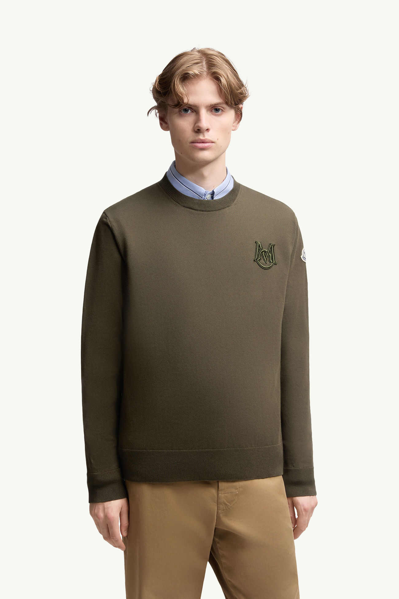 Embroidered Monogram Cotton Sweater Men Olive Green Moncler 3