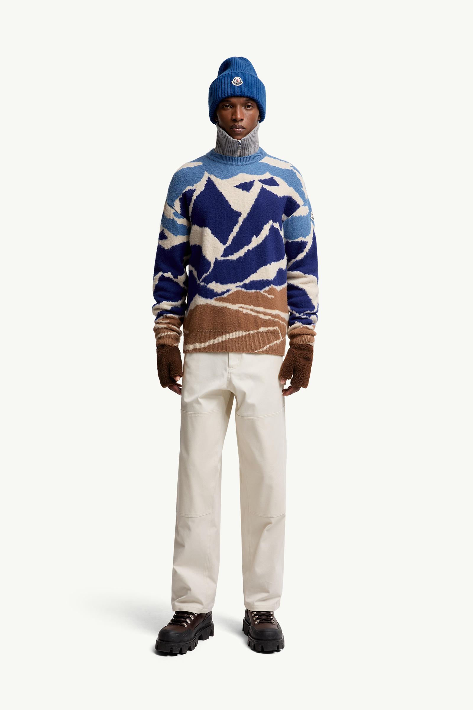 Mountain Jacquard Wool Jumper Men Light Blue & Beige Moncler 0