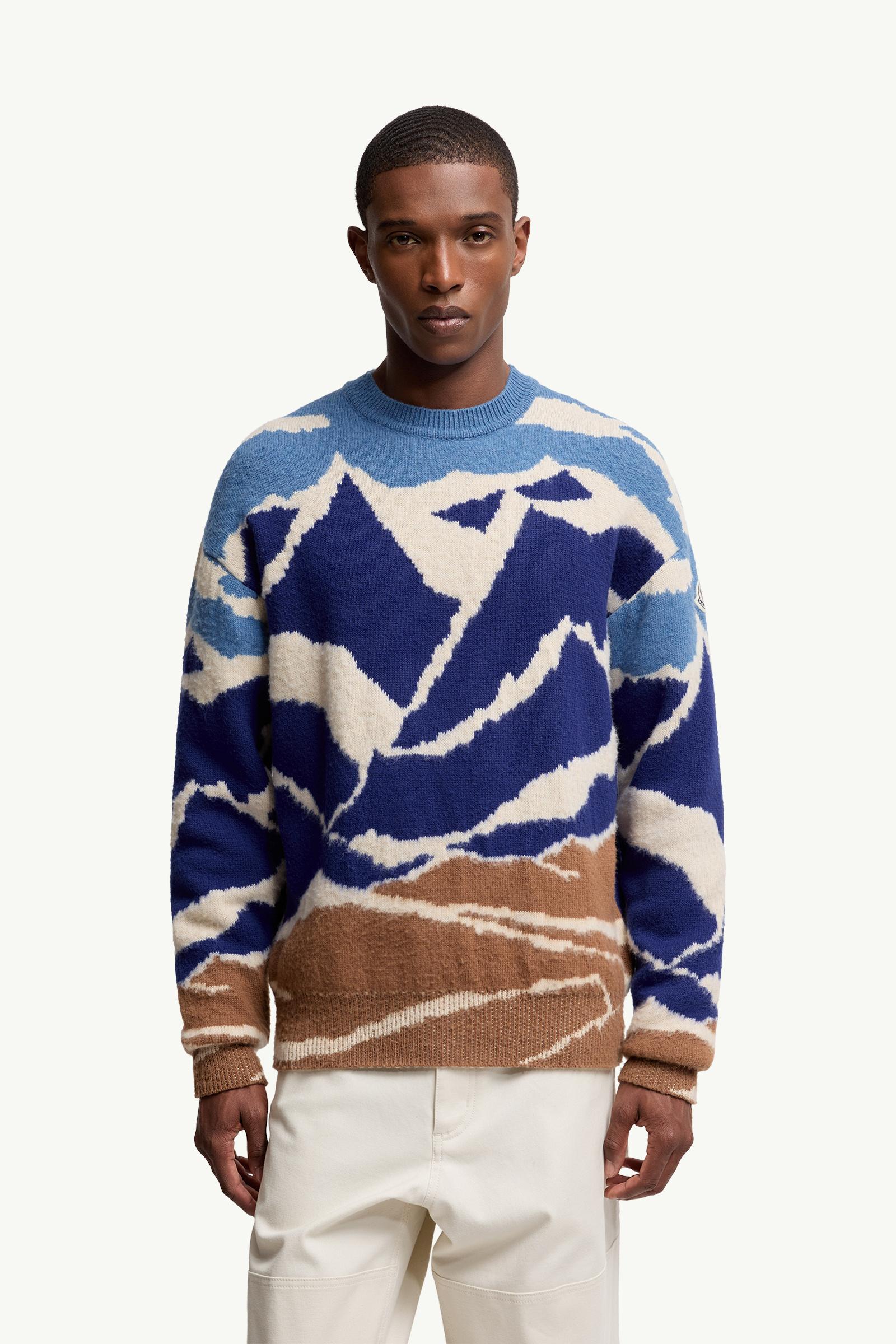 Light Blue & Beige Mountain Jacquard Wool Sweater - Sweaters