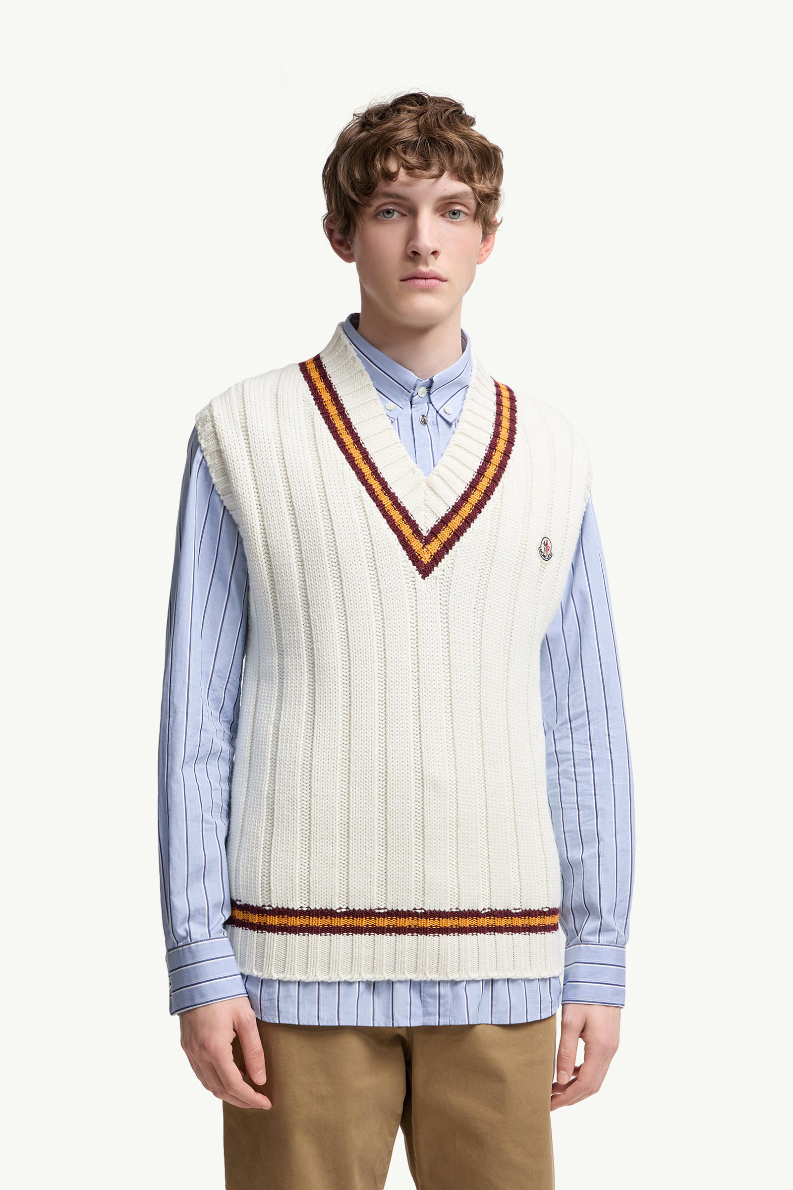 Wool & Cotton V-Neck Gilet Men White Moncler 3